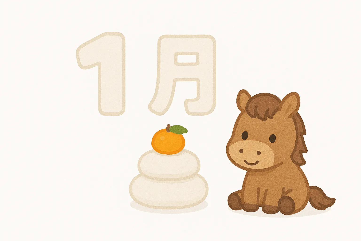 かわいい1月の馬と鏡餅の素材｜馬と鏡餅を組み合わせた、やわらかい雰囲気のイラストです。淡い色合いとシンプルな構成が、かわいい1月をやさしく演出します。新年の季節感を表すビジネス素材として幅広く利用可能です。