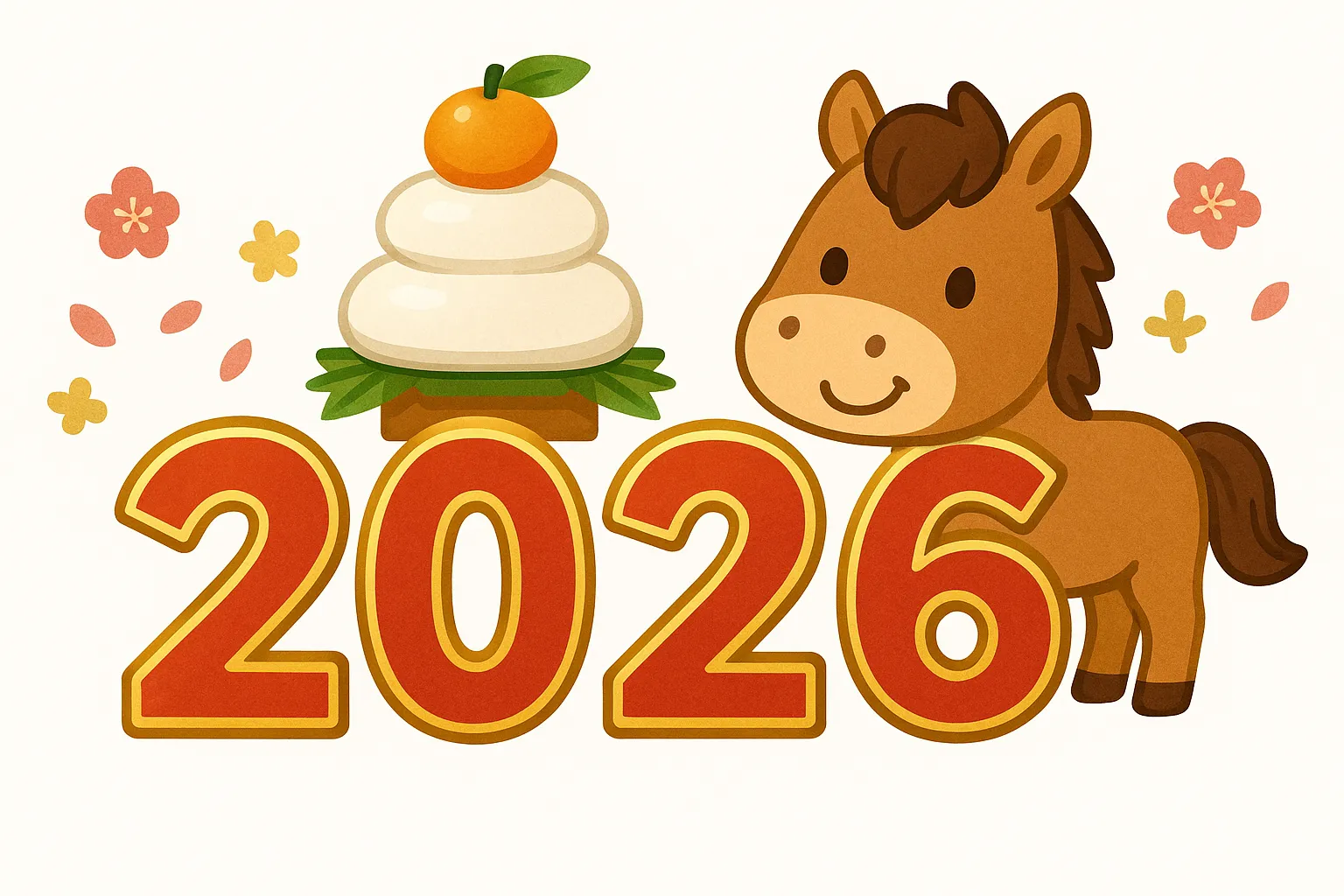 2026年干支馬と鏡餅のイラスト｜愛らしい馬と鏡餅を並べた柔らかな配色のデザインです。親しみやすい雰囲気が特徴で、2026年干支を明るく伝えるビジネス素材として幅広い場面に応用できます。