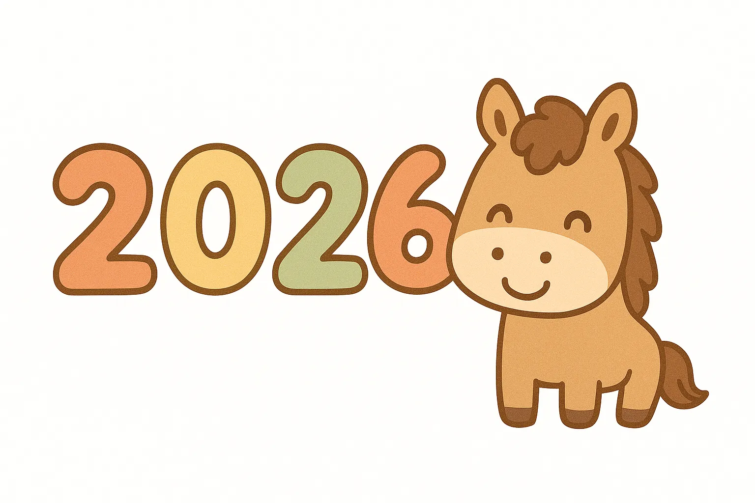 2026年干支かわいい馬の構図｜丸みを帯びた馬のキャラクターとパステル調の数字を組み合わせた構成です。軽やかで温かい印象を持ち、2026年干支をフレンドリーに伝える素材として有効です。