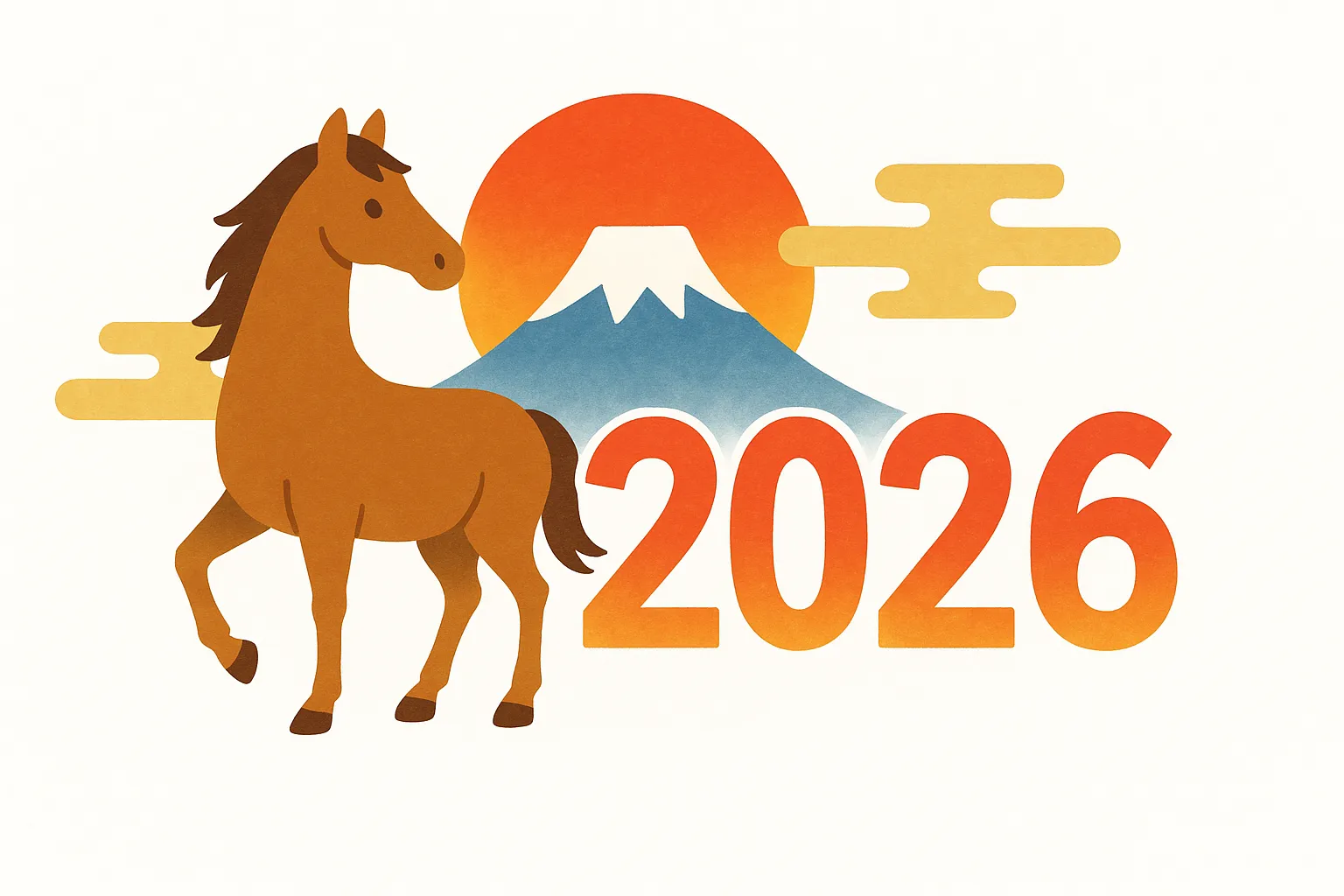 2026年干支富士山と馬のイラスト｜堂々とした馬と富士山、昇る太陽を組み合わせた正月らしい構図です。力強さと清々しさを兼ね備え、2026年干支をビジネス利用で印象的に伝える素材として適しています。