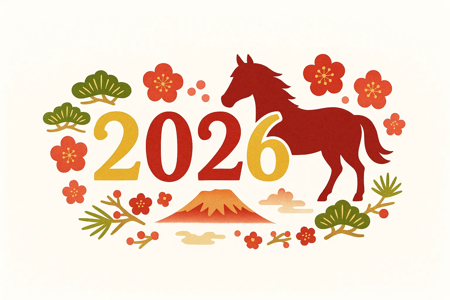 2026年干支松竹梅と馬の構成｜松竹梅や梅花と馬を組み合わせた格調高いデザインです。伝統的で落ち着いた色彩が特徴で、2026年干支を上品に表現するビジネス素材として利用可能です。