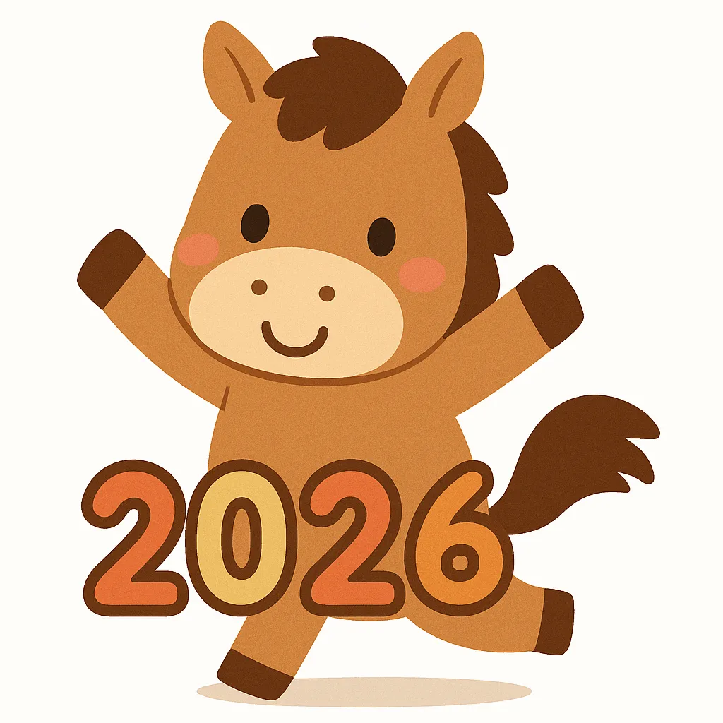 かわいい午年元気な馬キャラクター｜両手を広げた愛らしい馬のキャラクターと数字を組み合わせた構成です。親しみやすさと明るさを強調し、かわいい午年を楽しく演出するビジネス写真素材として使いやすいです。