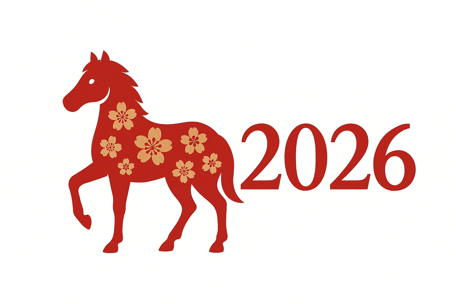 おしゃれ午年花模様の赤い馬デザイン｜赤い馬のシルエットに花模様を施したシンプルで洗練された構成です。落ち着いた色合いが特徴で、おしゃれ午年を上品に表現するビジネス写真素材として活用できます。