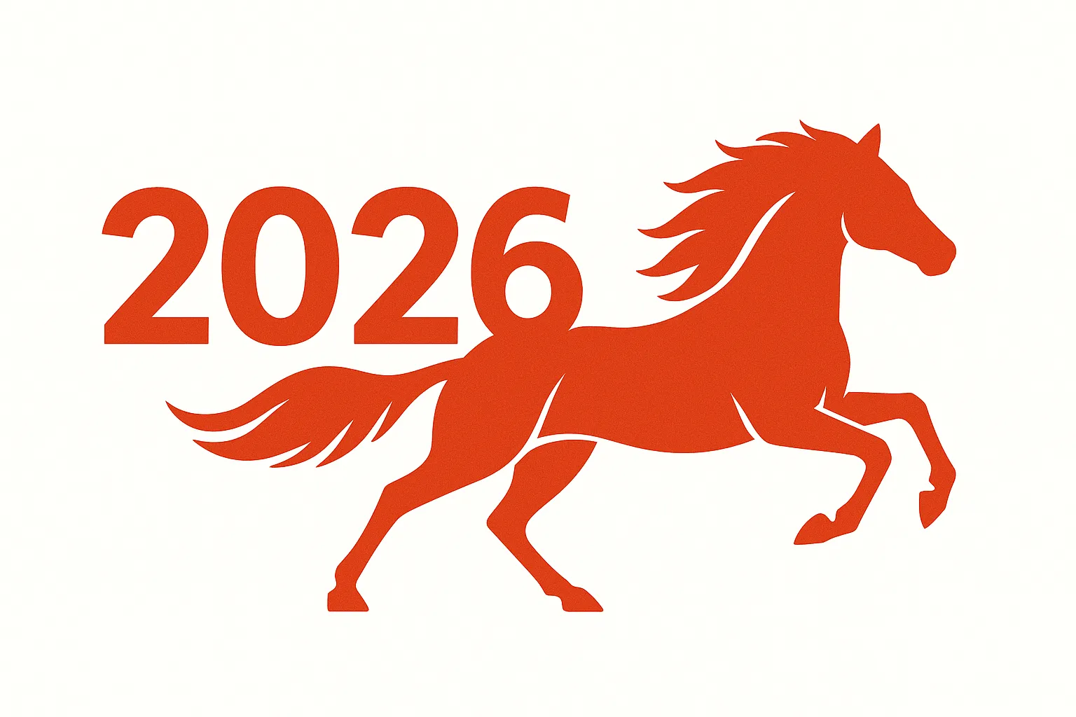 おしゃれ午年躍動感ある駆ける馬デザイン｜力強く駆ける馬と2026の数字を組み合わせた構図です。ダイナミックで勢いを感じさせ、おしゃれ午年をエネルギッシュに演出するビジネス写真素材として活用できます。
