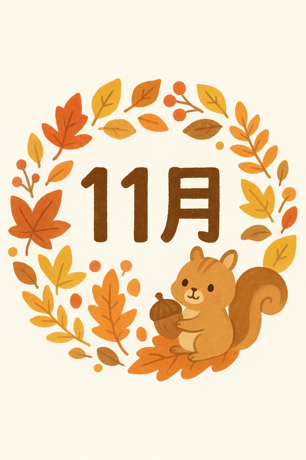 かわいい11月リスのイラスト｜秋の葉に囲まれたリスとどんぐりが描かれた構成です。やわらかなタッチと温かみある色使いが、かわいい11月を印象的に演出します。親しみやすい雰囲気でビジネス写真素材として使いやすい仕上がりです。