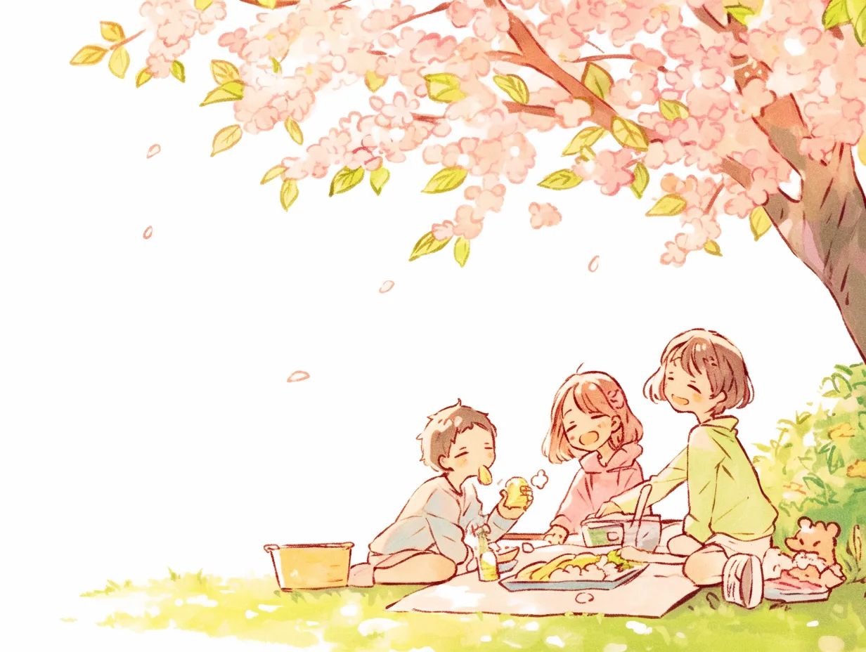 春の遠足で桜の木の下に集まる子供｜桜の木陰でピクニックを楽しむ子供たちを線画とやさしい色合いで表現したイラストです。自然な表情と細やかな描写が特徴で、春の遠足をテーマにした教材や広報資料に活用できます。