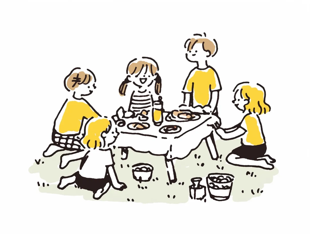 春の遠足でお弁当を囲む子供たち｜シンプルで親しみやすい線画風のスタイルで、テーブルに広がるお弁当を囲む子供たちが描かれています。手書きの温かみが残るタッチで、春の遠足の団らんを感じさせる素材として活用できます。