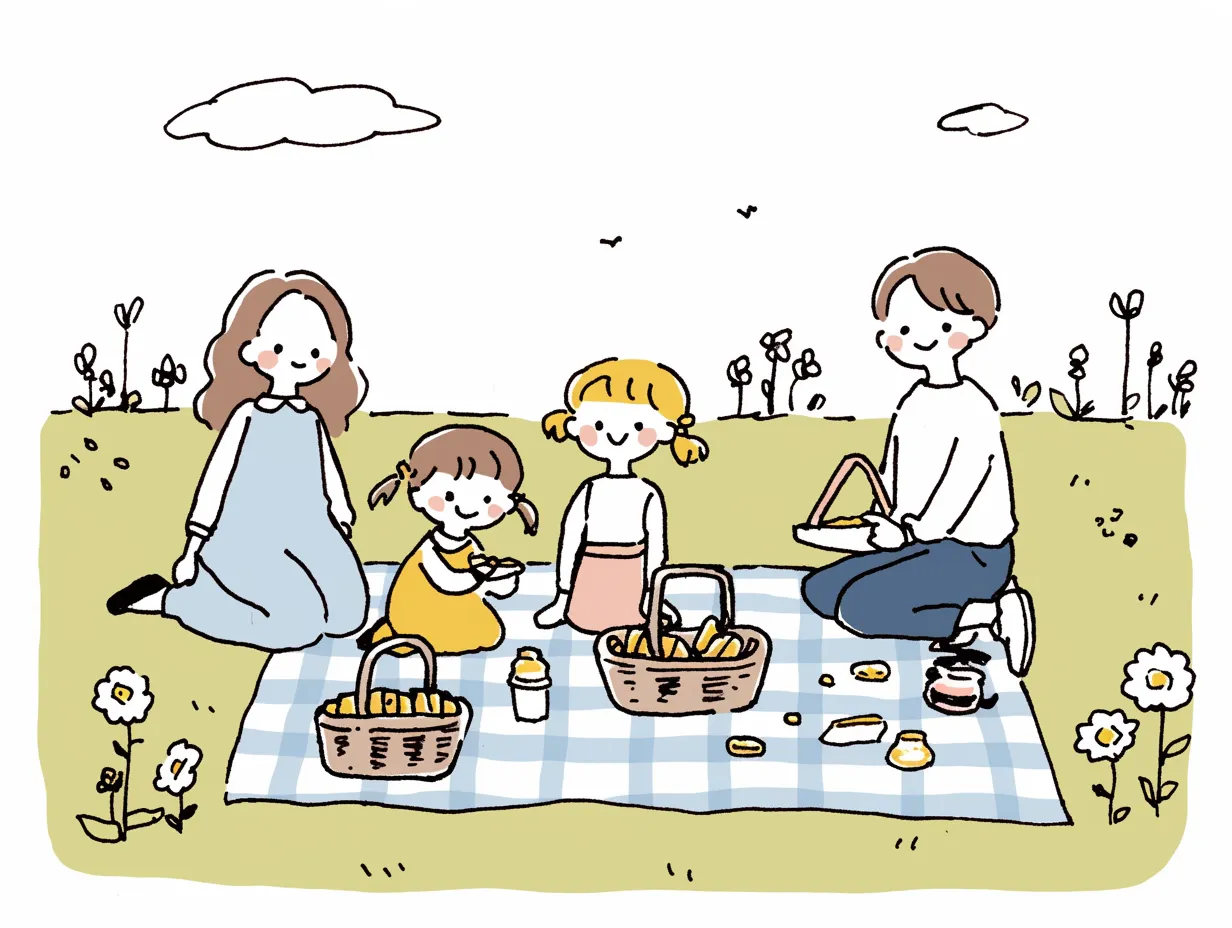 春の遠足でピクニックを楽しむ家族｜ピクニックシートの上で家族が笑顔で過ごす姿を柔らかな色彩で描いたイラストです。爽やかな背景と清潔感のある描写が印象的で、春の遠足の家族向け素材として活用可能です。