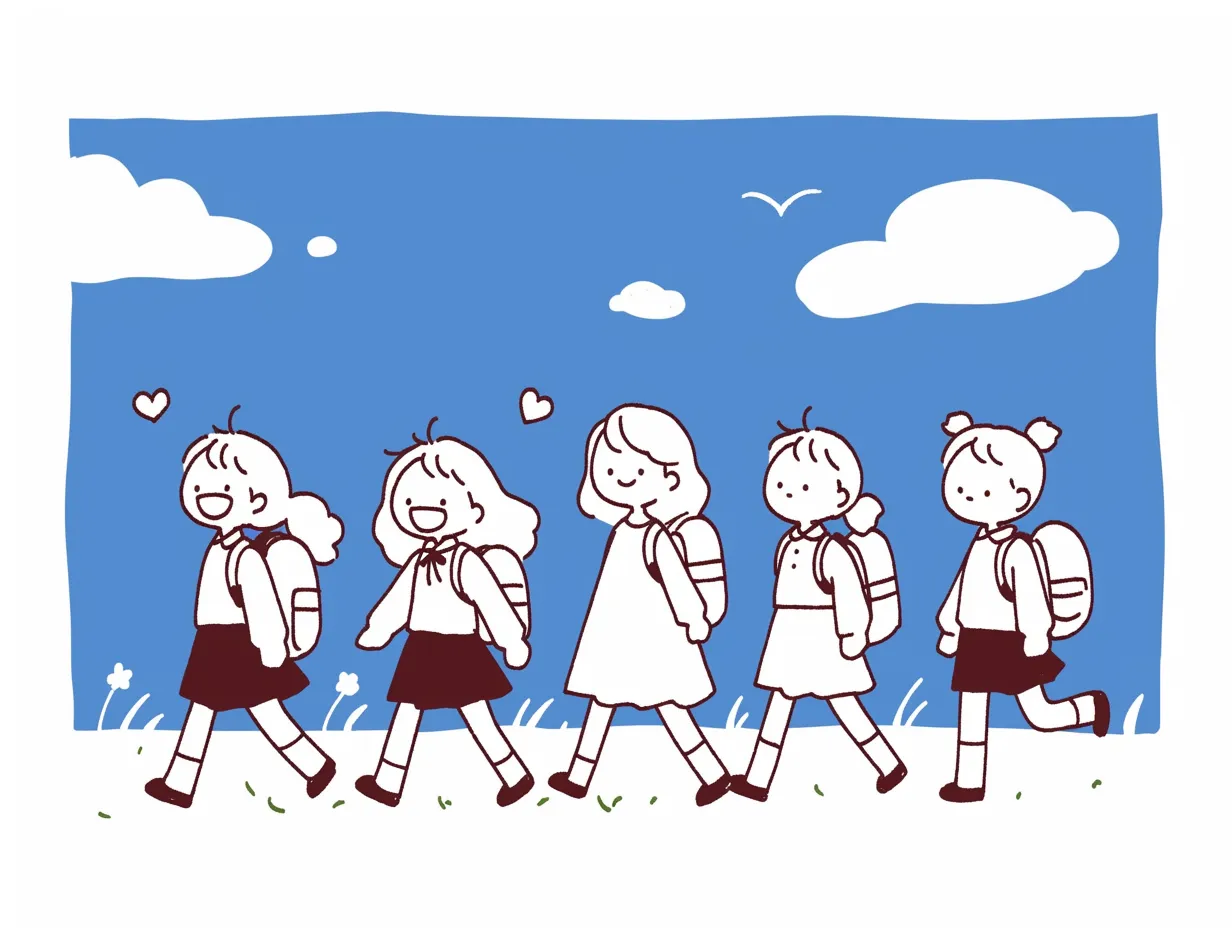 春の遠足で並んで歩く子供たち｜青空を背景にリュックを背負った子供たちが並んで歩く姿が描かれています。デフォルメ調で統一感があり、春の遠足の楽しげな雰囲気を伝える広報・教材用素材に適しています。