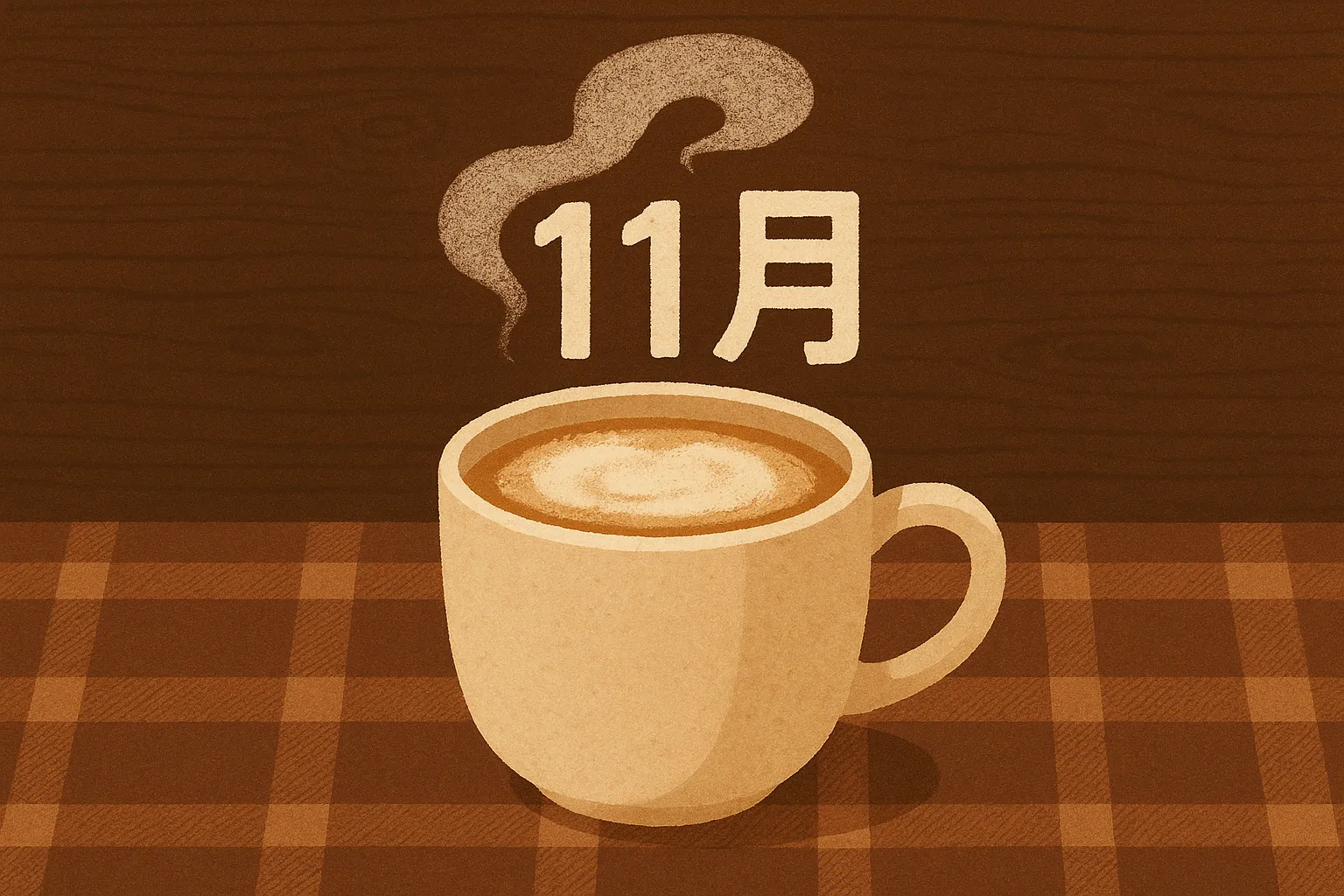 おしゃれ11月コーヒーカップのイラスト｜木目とチェック柄の背景に温かいコーヒーが配置された構成です。落ち着いたトーンが心地よい雰囲気を表現し、おしゃれ11月を感じさせるカフェ風の写真素材として効果的です。