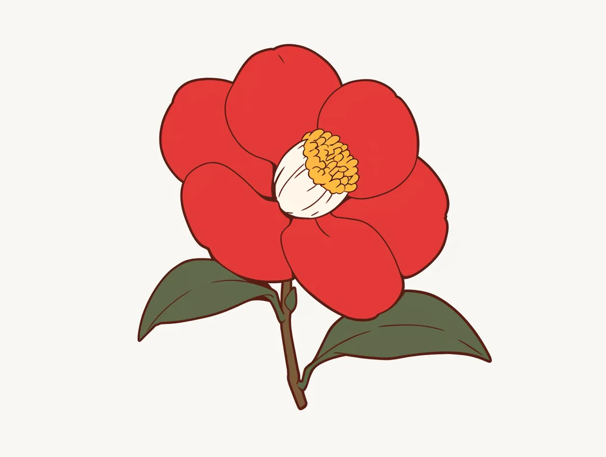 11月の花大きな椿のイラスト｜赤い大輪の椿をシンプルな構成で描いたデザインです。丸みのある花びらと濃い葉の対比が印象的で、11月の花を堂々と表現しています。落ち着いた雰囲気の素材です。