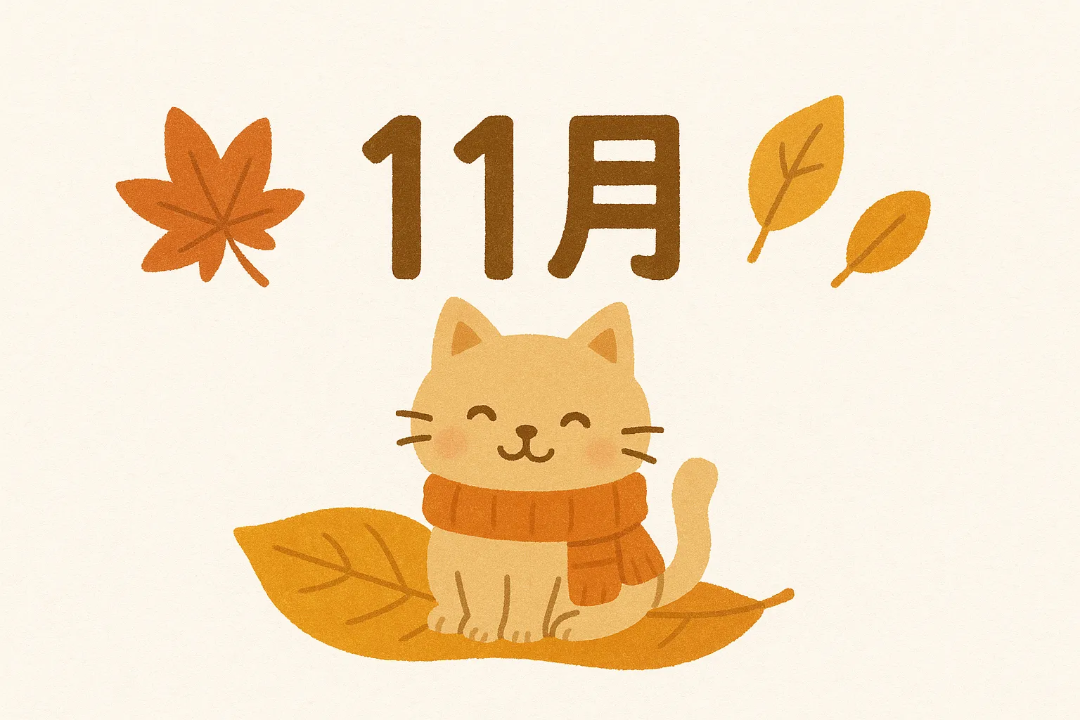 かわいい11月猫のイラスト｜マフラーを巻いた猫が紅葉の上に座るデザインです。丸みのある形と落ち着いた色彩がかわいい11月を穏やかに伝えます。安心感のあるイメージで、広報や掲示に利用しやすい写真素材です。