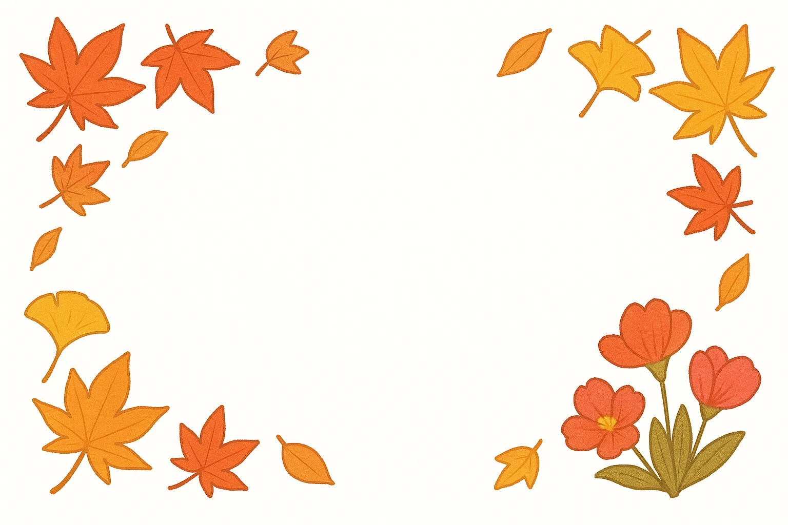 11月フレーム紅葉と花のイラスト｜赤や橙の紅葉に花を添えた温かみのあるデザインです。柔らかな色合いと広めの余白が特徴で、11月フレームとして告知や掲示物に使いやすい写真素材です。