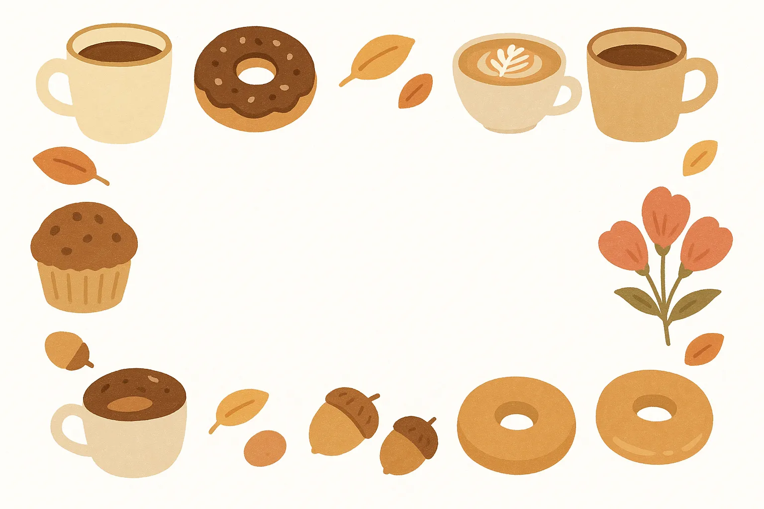 11月フレームコーヒーとスイーツのイラスト｜コーヒーカップやドーナツを並べた楽しい構成です。落ち着いたブラウンの配色が親しみやすく、11月フレームとして飲食関連や季節感の演出に適した素材です。