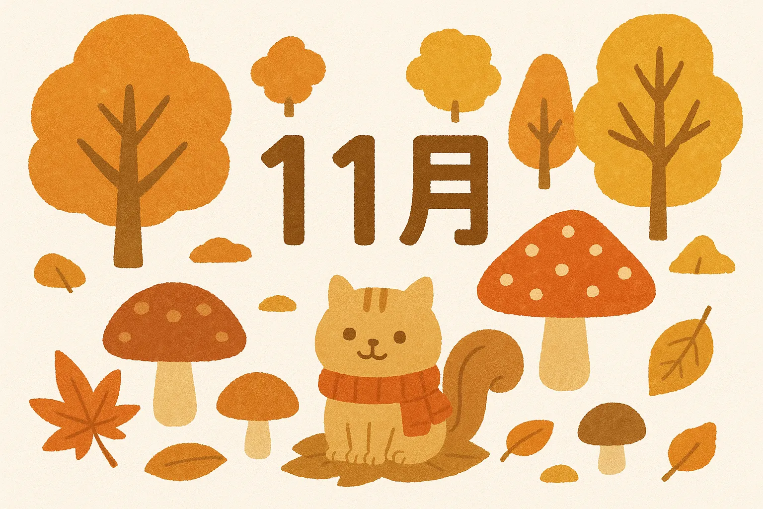 かわいい11月森と猫のイラスト｜森の木々やきのこに囲まれた猫が描かれ、秋らしさを強調しています。柔らかな風合いがかわいい11月を感じさせ、イラスト的でありながらもビジネス用途に適した素材です。