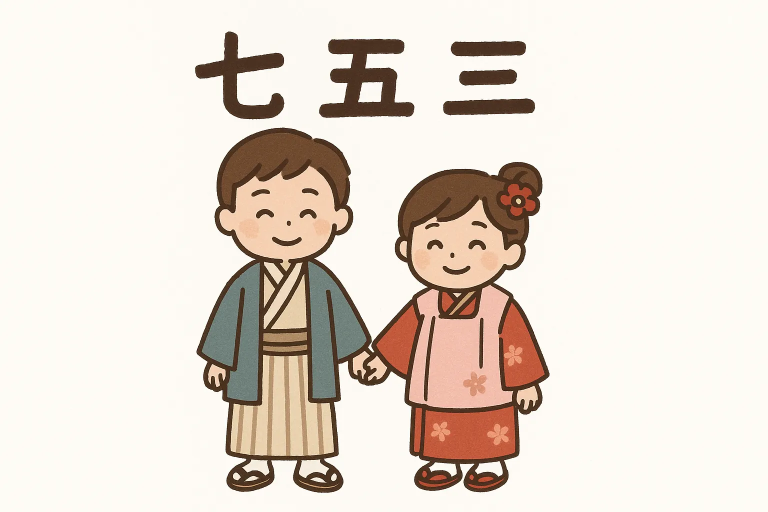かわいい七五三着物姿の兄妹イラスト｜和服を着た子どもたちが手をつないで並ぶ構図です。優しい色合いと柔らかな線が特徴で、かわいい七五三の和やかな雰囲気を伝える写真素材として広告や印刷物に適しています。