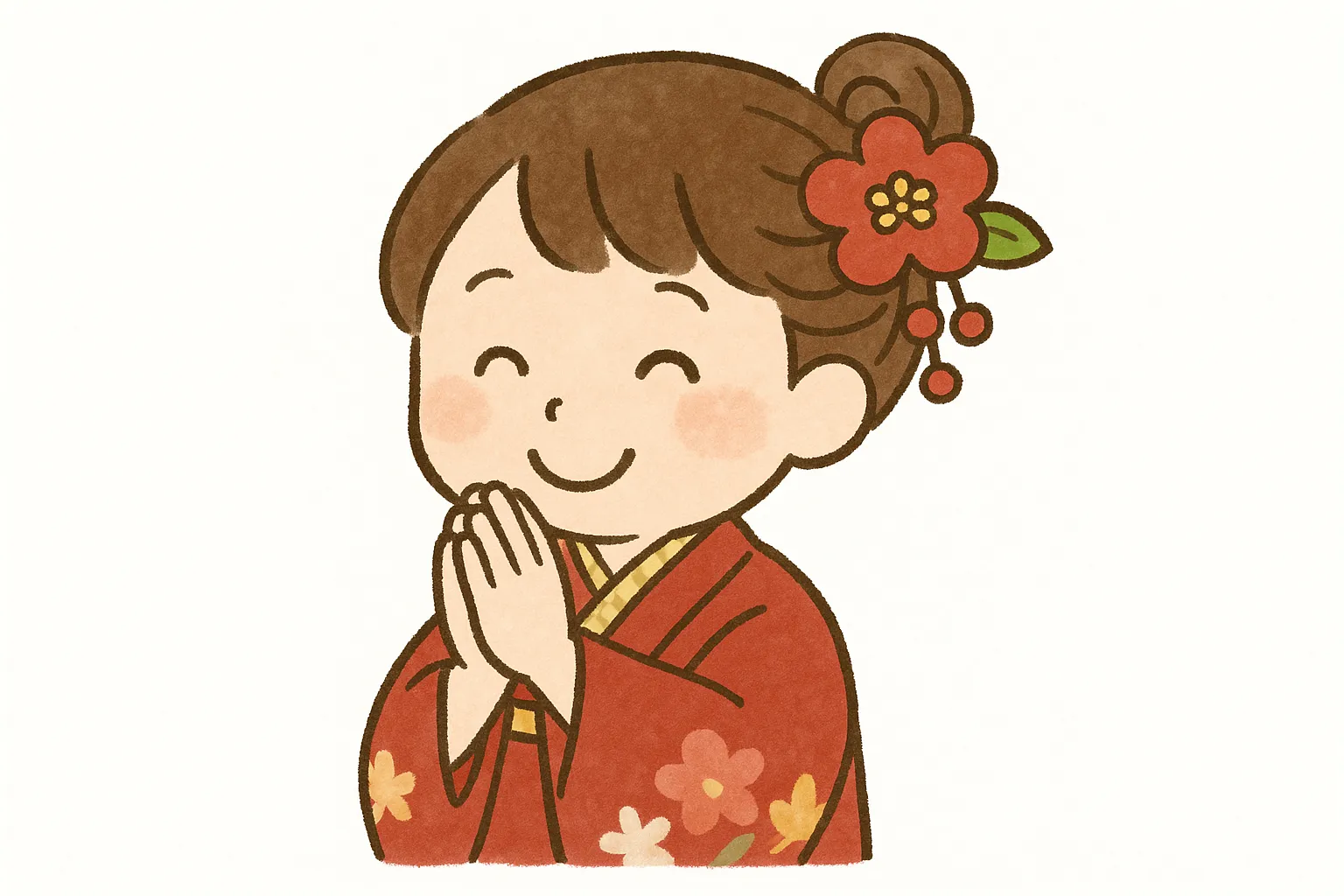かわいい七五三祈る女の子イラスト｜赤い着物の女の子が手を合わせて祈る姿を描いた構図です。笑顔の表情と優しい彩色がかわいい七五三の純真さを強調し、行事紹介や教育的な資料に活用できます。