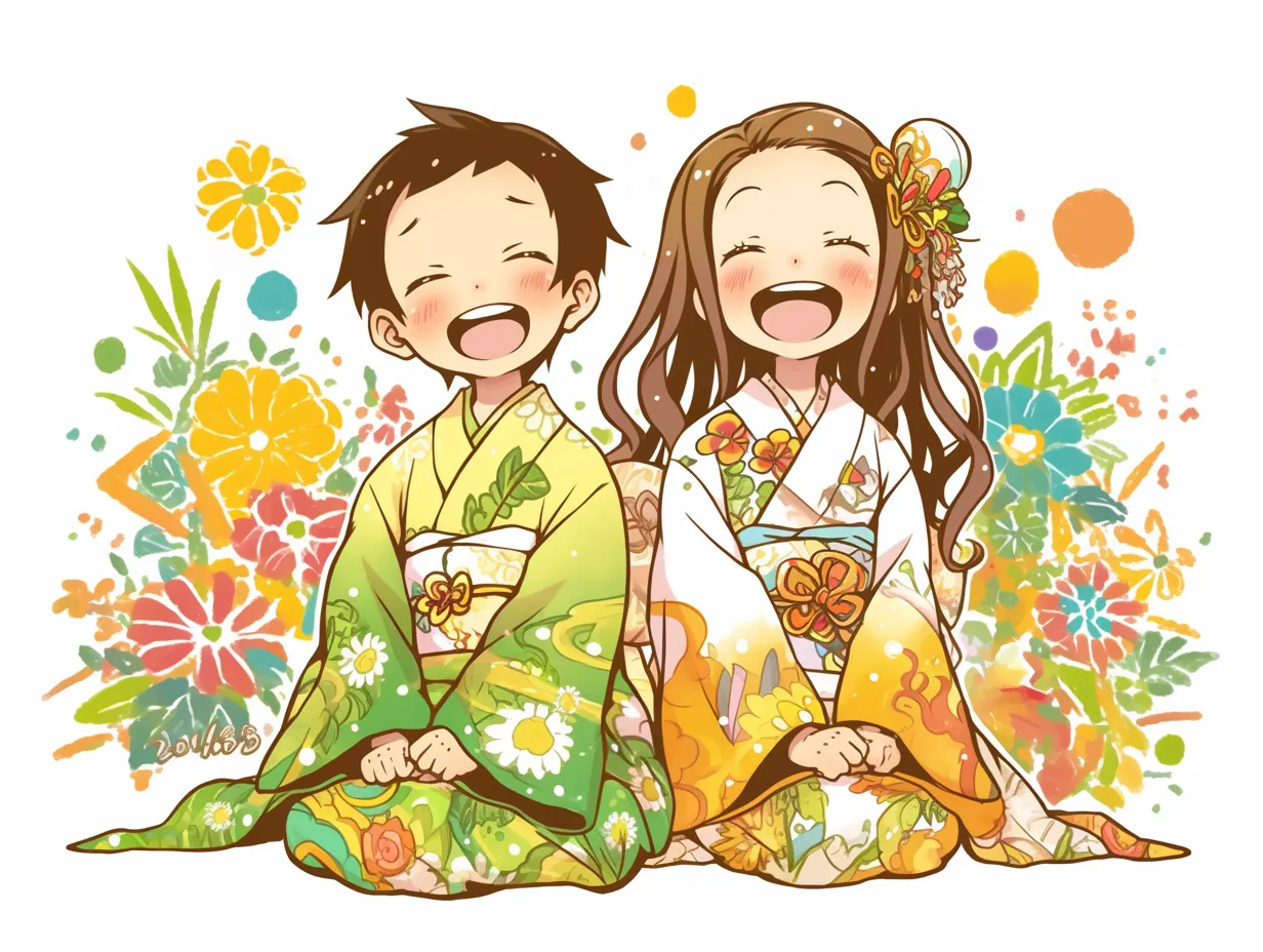 かわいい七五三鮮やかな着物イラスト｜色鮮やかな着物を着た子どもたちが並んで笑顔を見せるデザインです。華やかな背景が印象的で、かわいい七五三の晴れやかな雰囲気を伝える素材として広告やポスターに最適です。