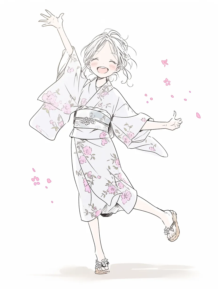 かわいい七五三元気な女の子イラスト｜花柄の着物を着た女の子が楽しそうに手を広げるデザインです。軽やかなタッチと柔らかい色合いがかわいい七五三の明るさを表現し、子ども関連のコンテンツに効果的です。