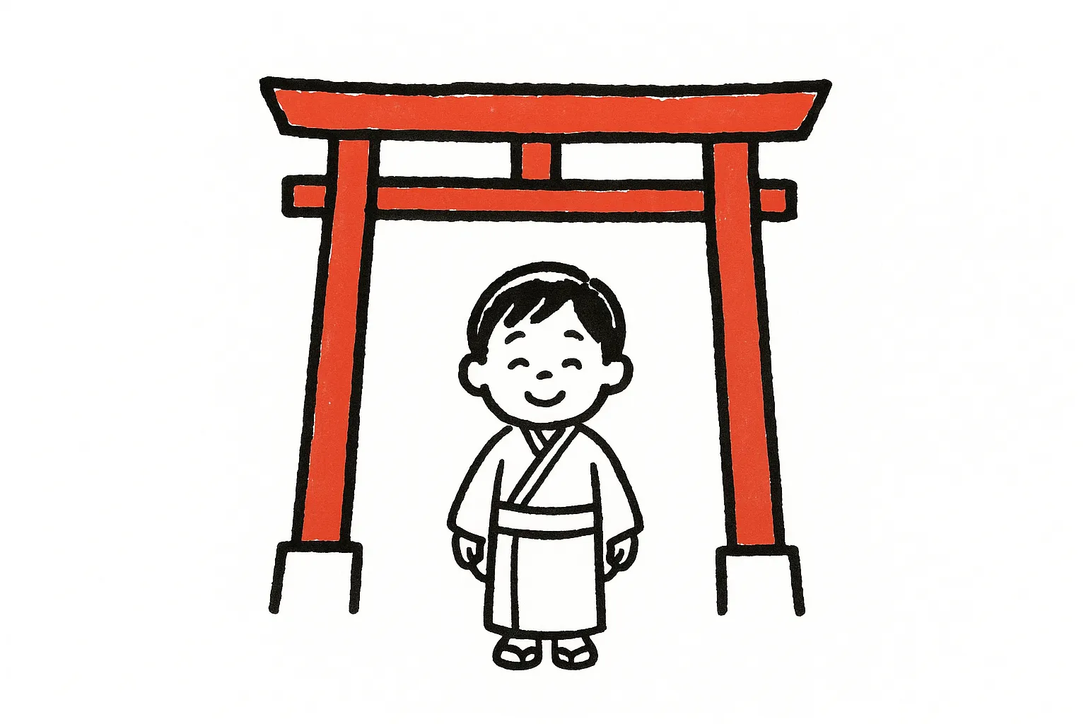 手書き七五三鳥居の前の男の子イラスト｜赤い鳥居の下に立つ男の子を描いた構成です。最小限の色づかいが行事感を際立たせ、手書き七五三を象徴するシーンとして広報や印刷物に活用できます。