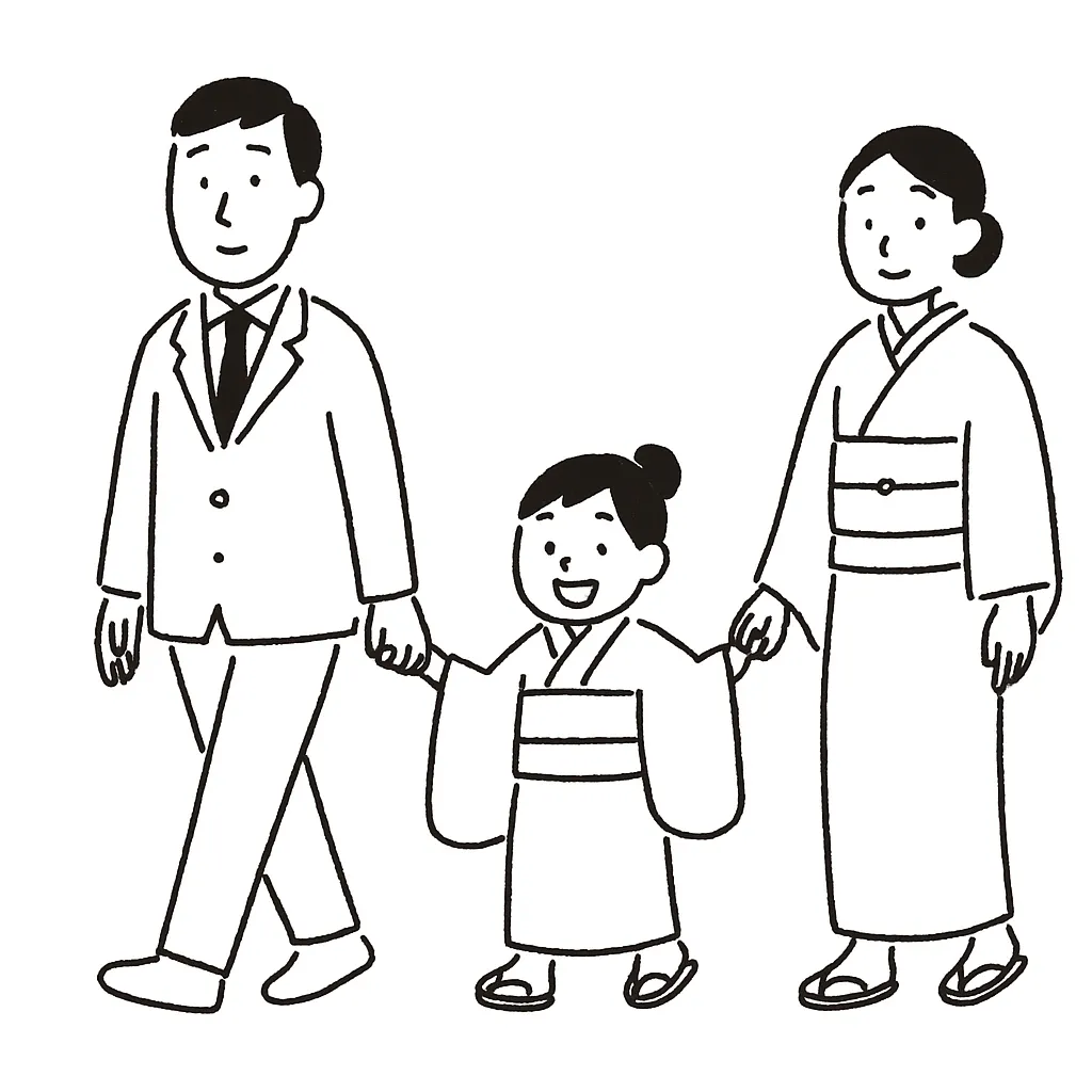 手書き七五三家族で歩くイラスト｜着物姿の女の子と両親が並んで歩く場面を描いた構図です。モノクロ線画を基調としたスタイルで、手書き七五三の温かさと家族の絆を伝える素材として有効です。