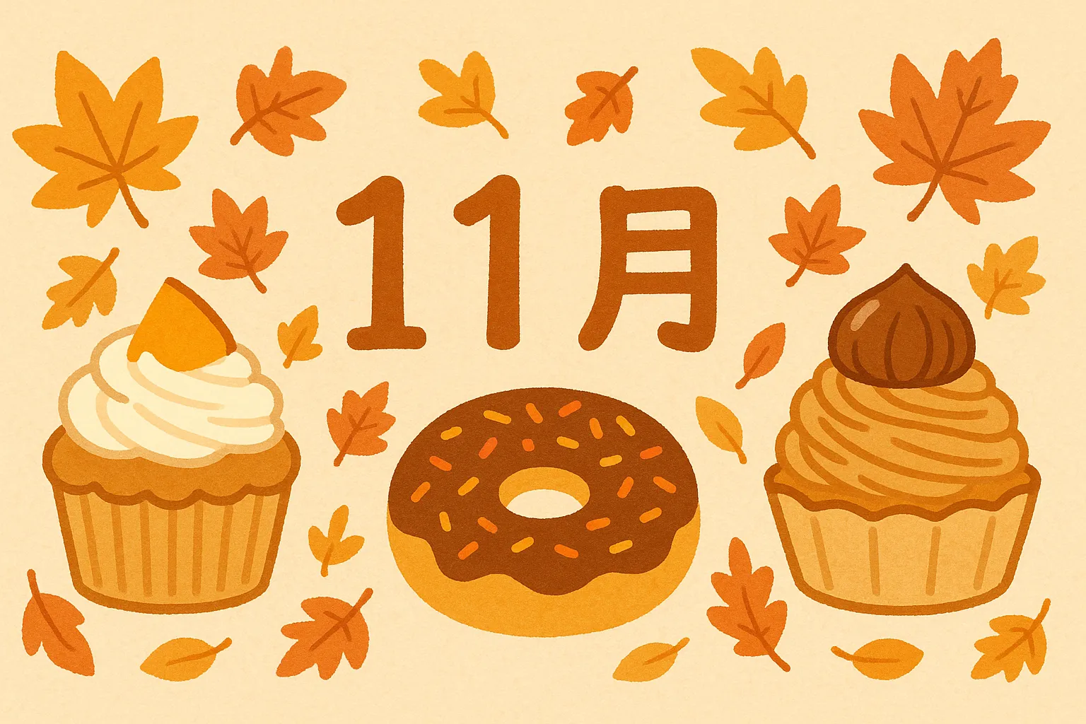 かわいい11月スイーツのイラスト｜カップケーキやドーナツが紅葉とともに配置された構成です。明るい色彩とかわいい11月をイメージした仕上がりが魅力で、季節感のある販促や記事素材に活用できます。
