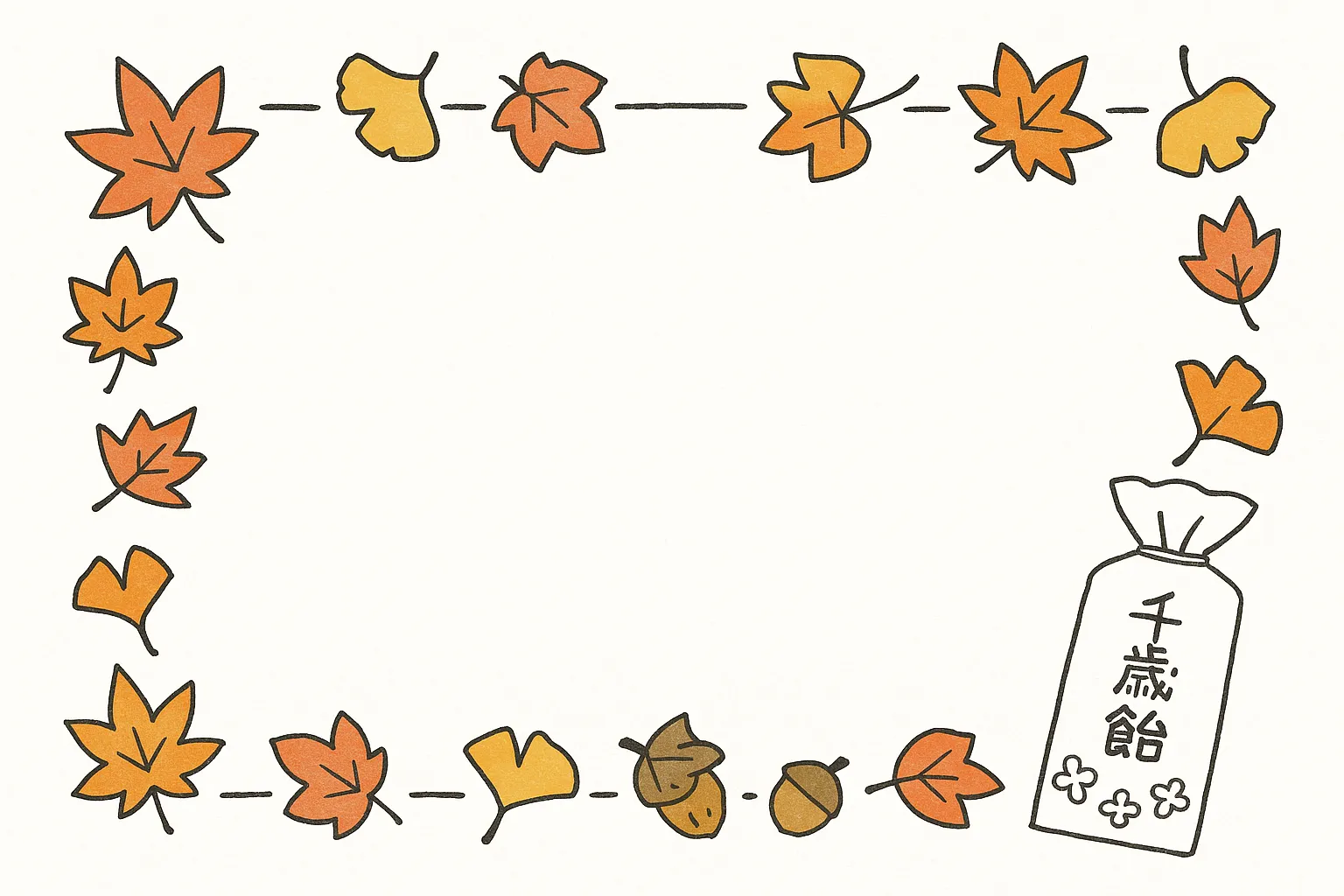 手書き七五三紅葉と千歳飴のフレームイラスト｜紅葉やどんぐりを囲んで千歳飴を添えたフレームデザインです。手描き風の線と秋らしい彩色が魅力で、手書き七五三を題材にした告知やメッセージカードに適しています。