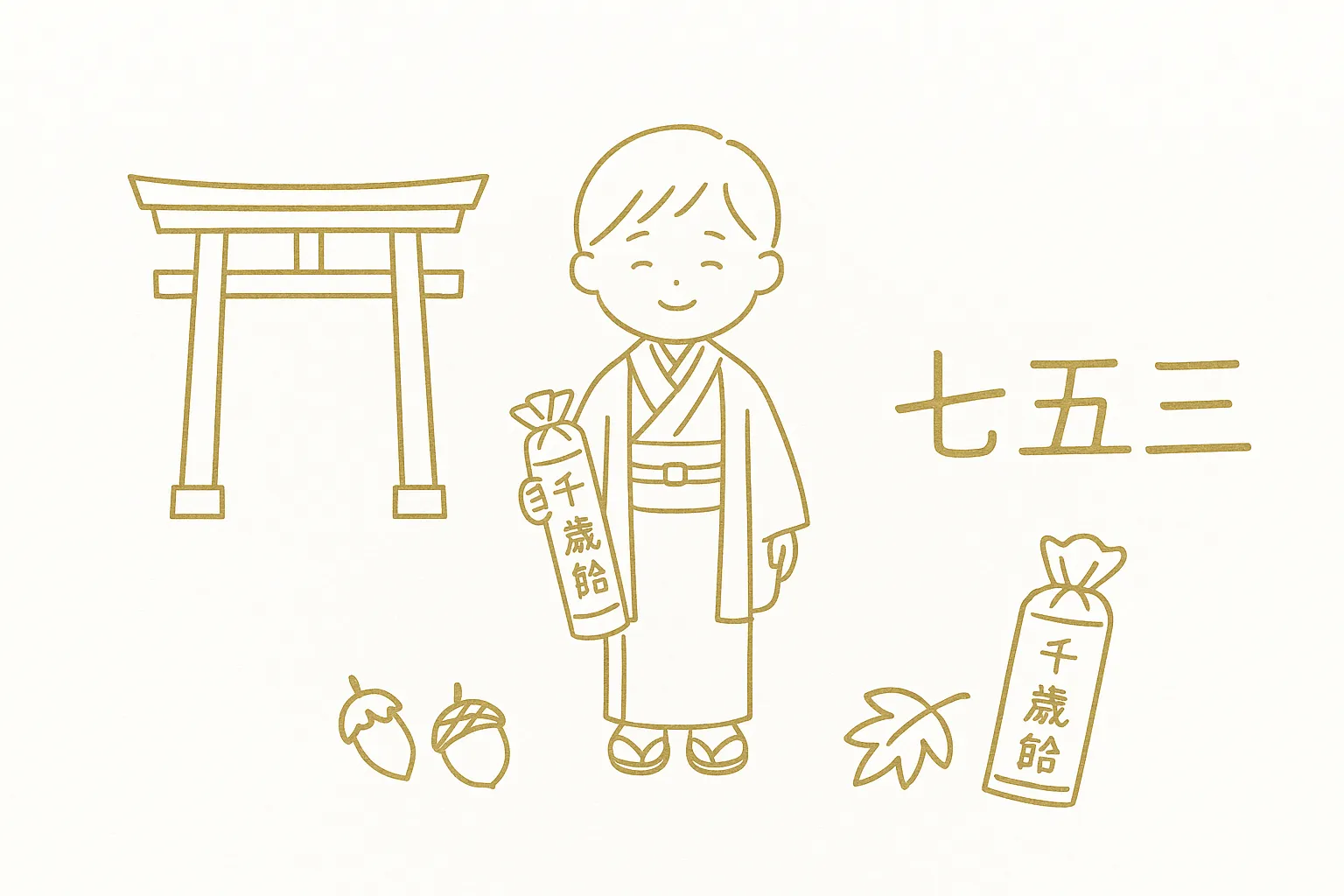 おしゃれ七五三鳥居と男の子イラスト｜千歳飴を持つ男の子を鳥居や紅葉と組み合わせたデザインです。シンプルな線画に温かみを加えた構成で、おしゃれ七五三の伝統的な雰囲気を演出する素材に適しています。