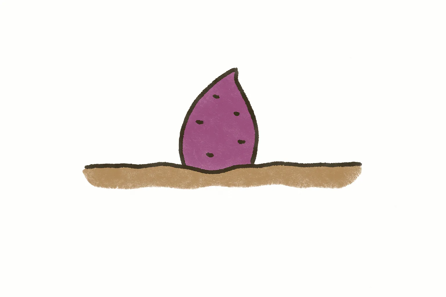 芋掘りで顔を出すさつまいもイラスト｜土の中からのぞくさつまいもを描いたイラストです。シンプルな構図で秋の風物詩を表現しており、芋掘りをテーマにした写真素材として教育資料や季節イベントの広告に利用しやすい雰囲気です。