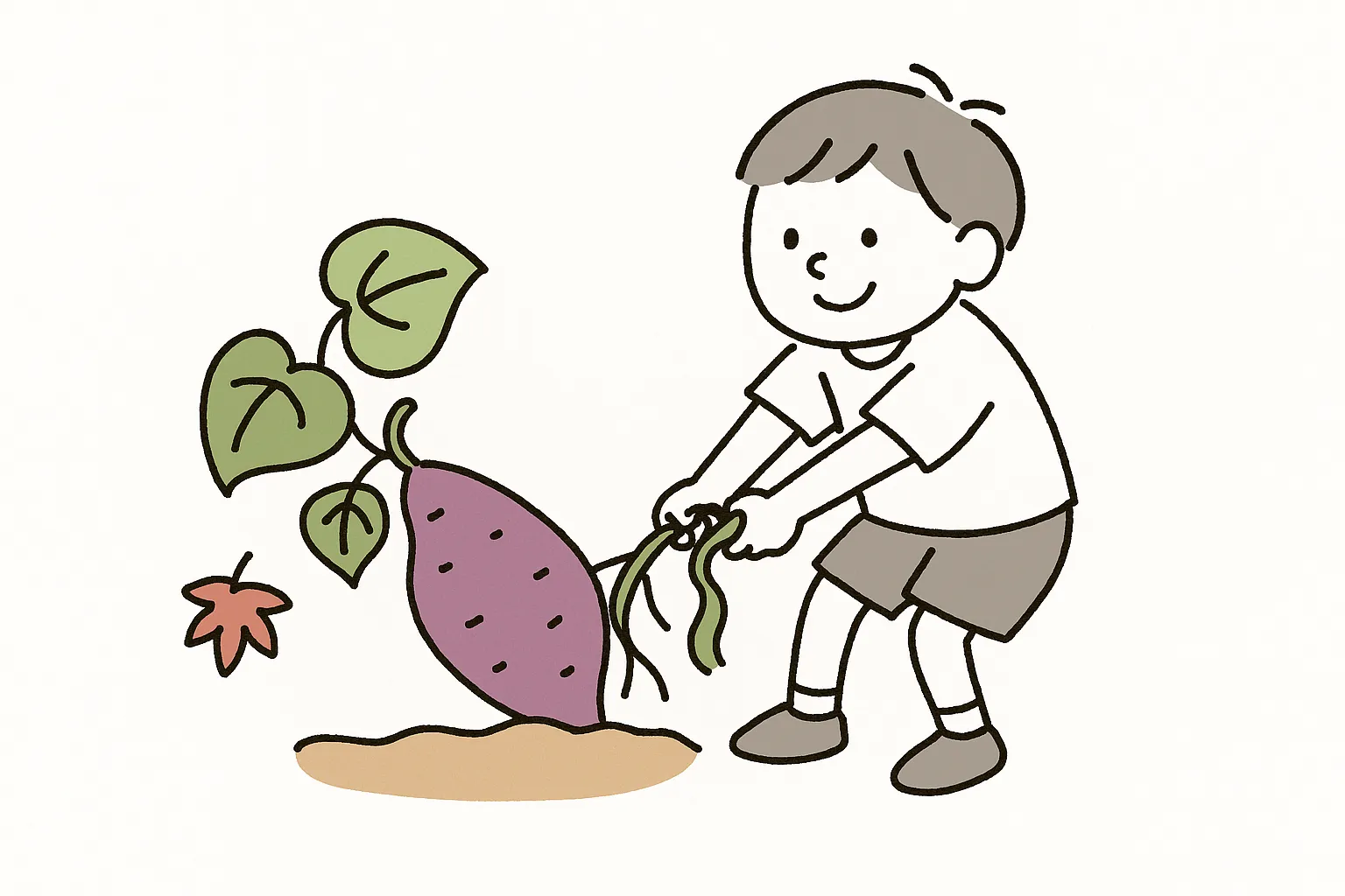 芋掘りを楽しむ子どものイラスト｜子どもが元気にさつまいもを掘り出している場面を描いたイラストです。親しみやすい線画とやさしい色合いが特徴で、芋掘りをテーマにした写真素材として学校や地域行事の広報に役立ちます。