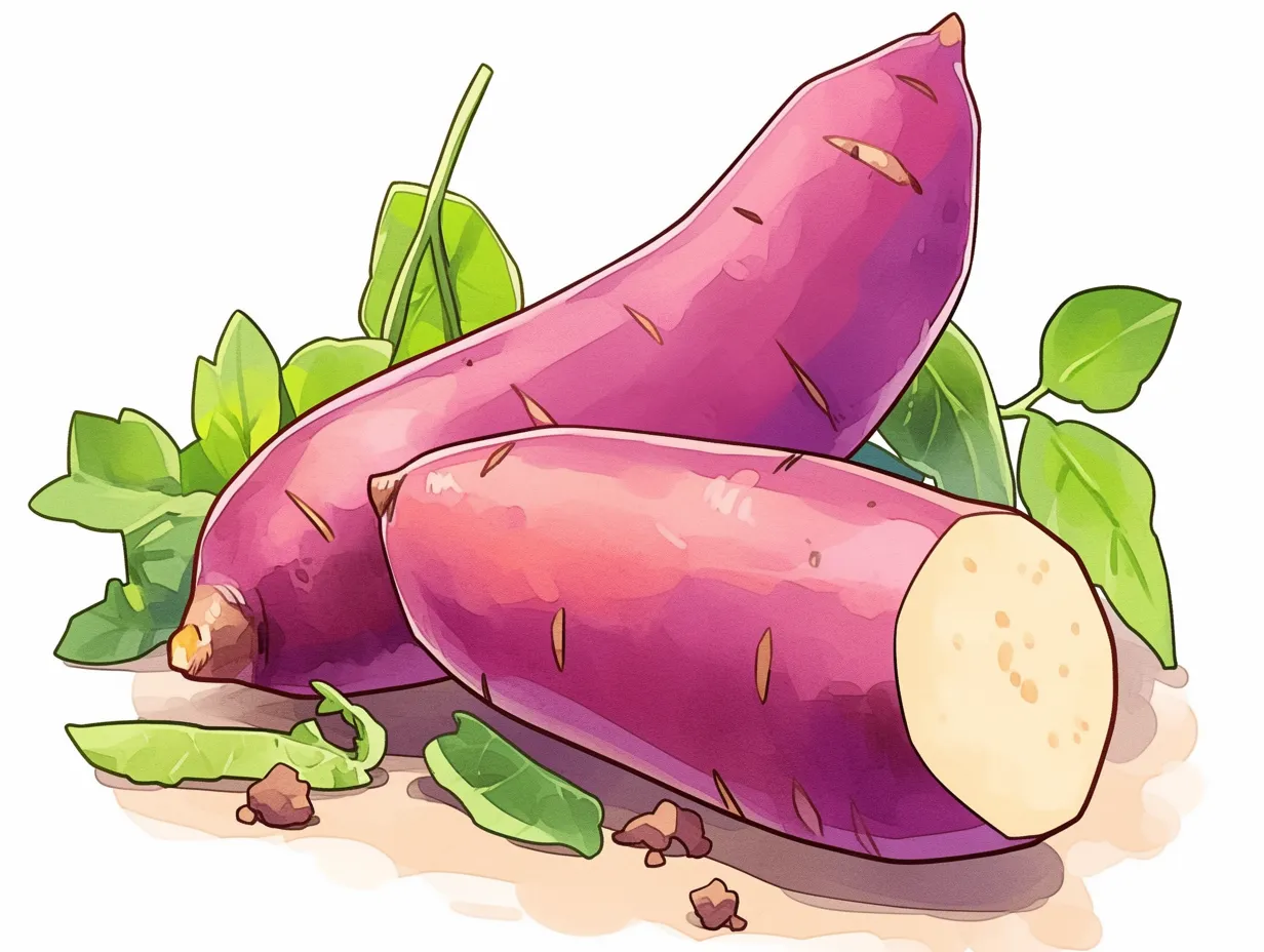 芋掘りのリアルなさつまいもイラスト｜鮮やかなタッチで描かれたさつまいもと断面が印象的なリアル風イラストです。光沢や質感まで丁寧に表現されており、芋掘りをテーマにした写真素材として食品関連や販促物に活かせます。