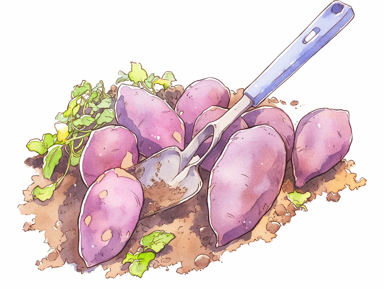 芋掘りで収穫する畑の情景イラスト｜畑で収穫されたさつまいもとスコップを描いた水彩風イラストです。温かみのあるタッチで現場の雰囲気を伝え、芋掘りをテーマにした写真素材として農業体験や観光案内に幅広く利用可能です。
