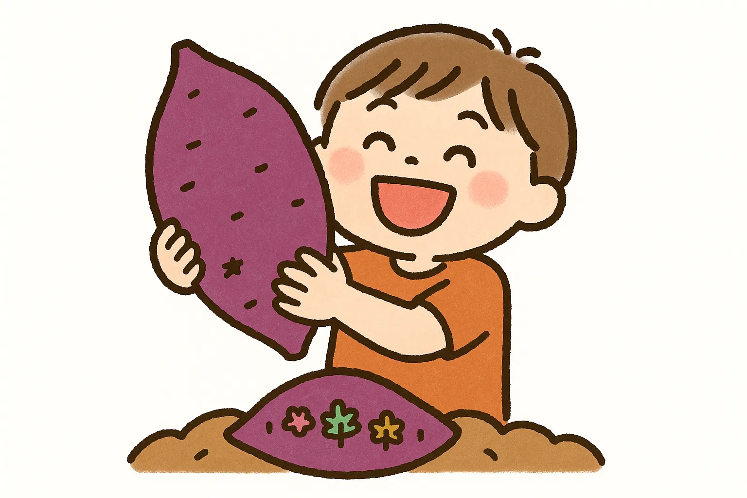 かわいい芋掘りで大きな芋を持つ子ども｜大きなさつまいもを笑顔で抱える子どもを描いたイラストです。表情の明るさが秋の収穫の喜びを伝え、かわいい芋掘りをテーマにした写真素材として教育や地域イベントの案内に活かせます。