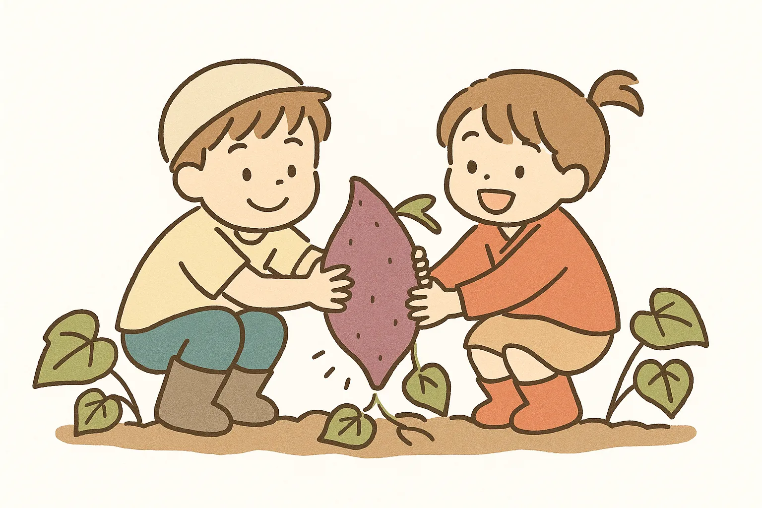かわいい芋掘りをする二人の子ども｜畑で力を合わせて大きな芋を掘る二人の子どもを描いたイラストです。協力する姿が印象的で、かわいい芋掘りをテーマにした写真素材として学校活動やチラシに活用しやすいデザインです。