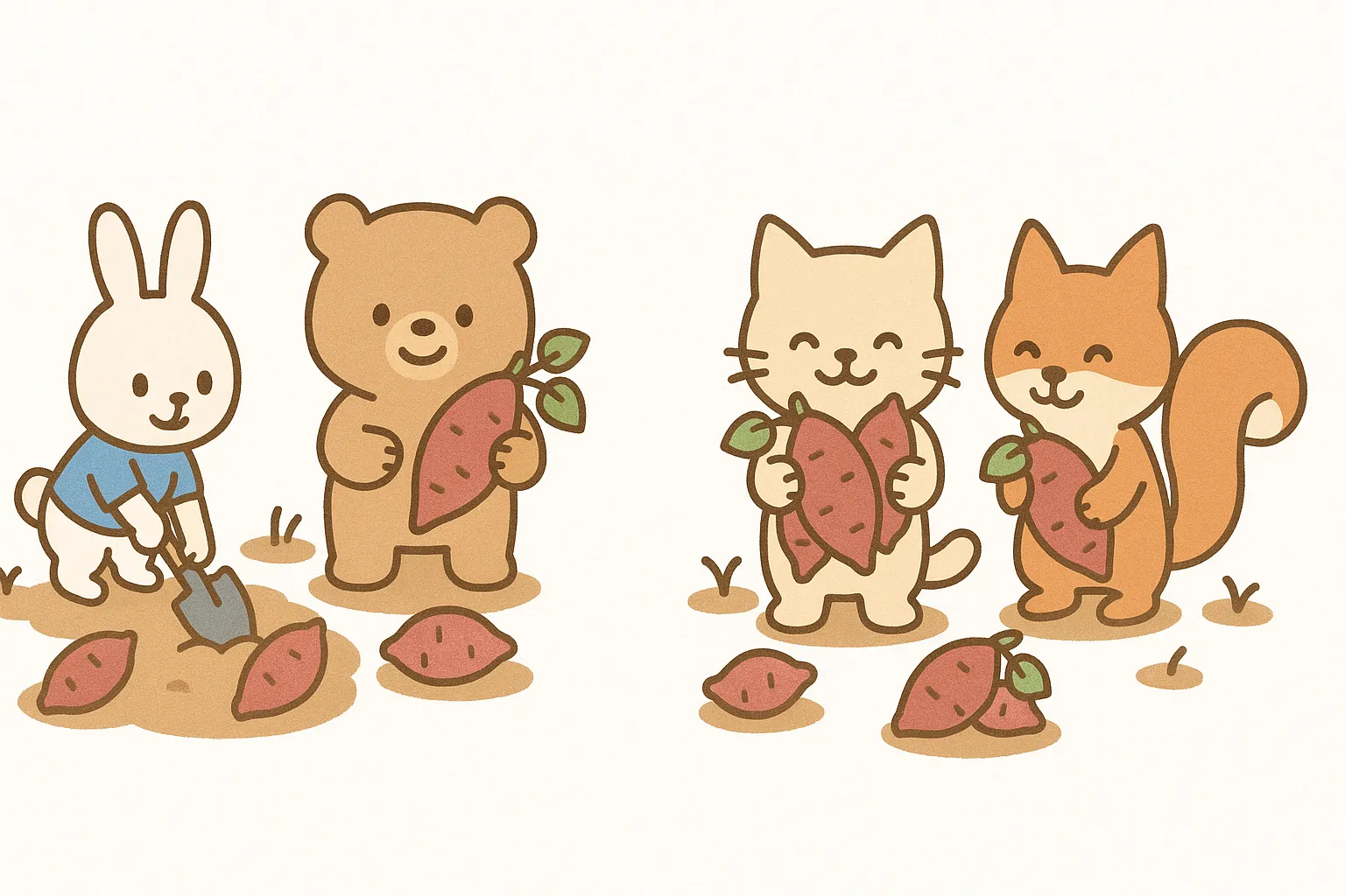 かわいい芋掘りを楽しむ動物たち｜うさぎやくま、ねこやりすが芋を収穫する姿を描いたイラストです。親しみやすいキャラクター表現で温かみがあり、かわいい芋掘りをテーマにした写真素材として教材や掲示物に適しています。