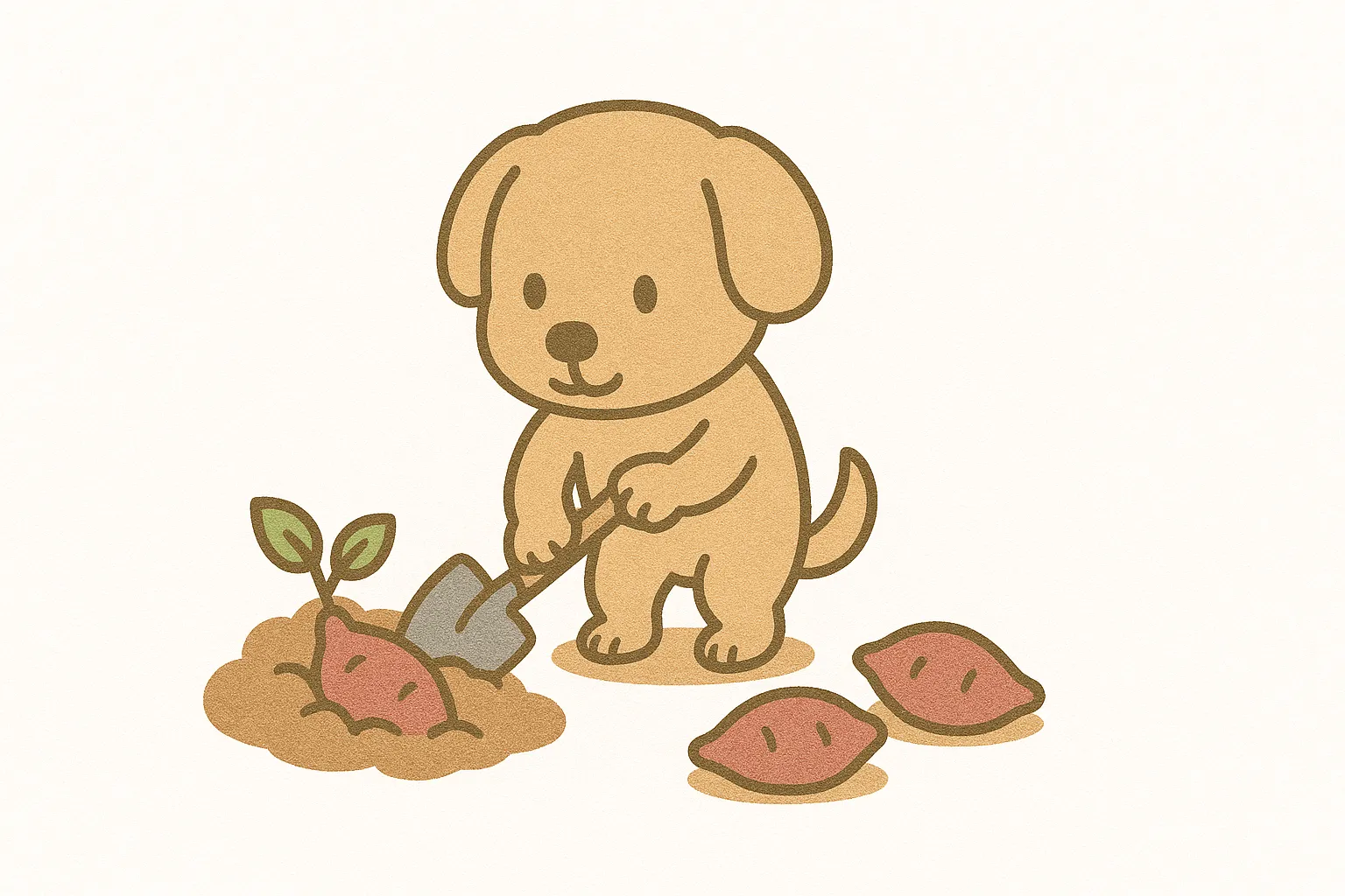 かわいい芋掘りをする犬のイラスト｜犬が楽しそうに土を掘りながら芋を見つける場面を描いたイラストです。素朴で温かい雰囲気が特徴で、かわいい芋掘りをテーマにした写真素材として保育関連や体験学習紹介に活用可能です。