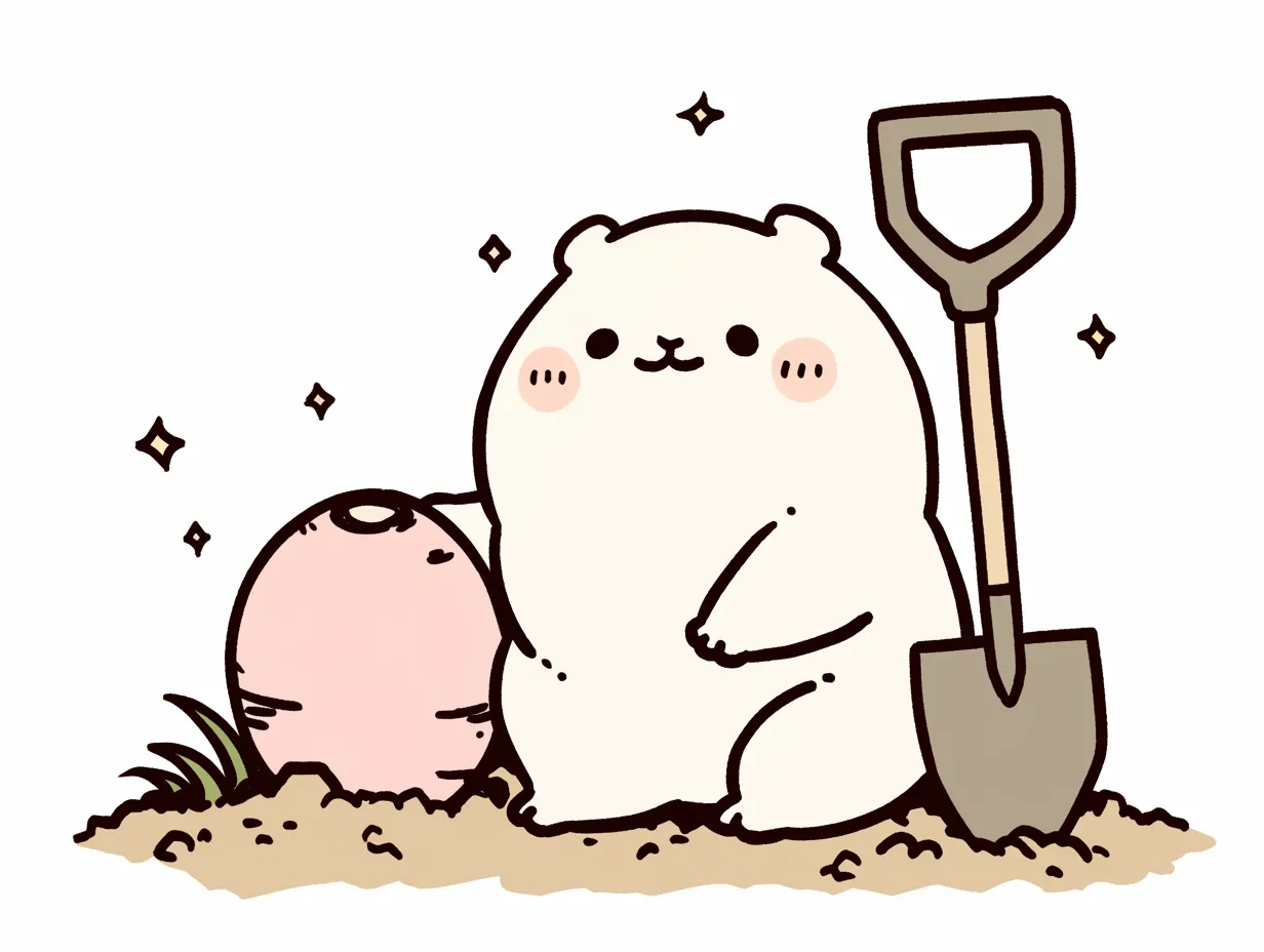 かわいい芋掘りをする白いくまのイラスト｜白いくまが収穫した芋とスコップを並べる様子を描いたユニークなイラストです。シンプルながら印象に残り、かわいい芋掘りをテーマにした写真素材として広告やSNS配信に最適です。