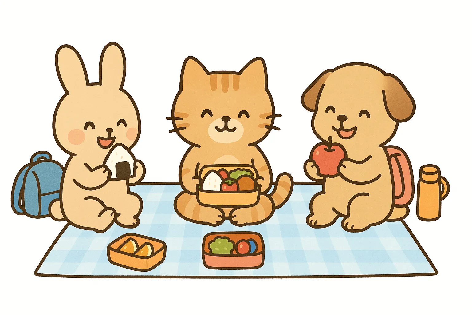 かわいい遠足でお弁当を食べる動物たち｜うさぎやねこ、いぬがシートの上でお弁当を広げて食べる様子を描いたイラストです。明るいタッチで親しみやすく、かわいい遠足をテーマにした写真素材として教育関連や広報資料に最適です。