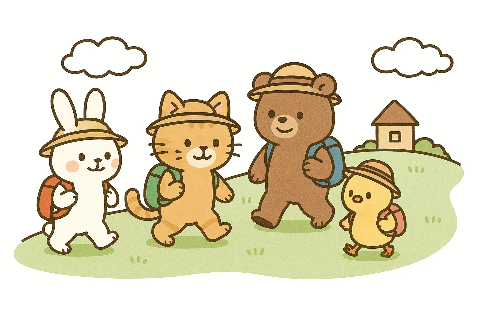 かわいい遠足に出発する動物たち｜リュックと帽子を身につけた動物たちが並んで歩く様子を描いたイラストです。温かみのある線と色合いで表現され、かわいい遠足をテーマにした写真素材としてイベントや案内ポスターに活用可能です。