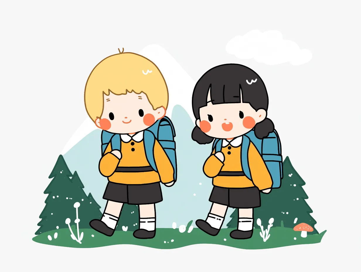 かわいい遠足で歩く二人の子ども｜森を背景にリュックを背負って歩く二人の子どもを描いたイラストです。明るい彩色が印象的で、かわいい遠足をテーマにした写真素材として学校行事やパンフレットに役立ちます。