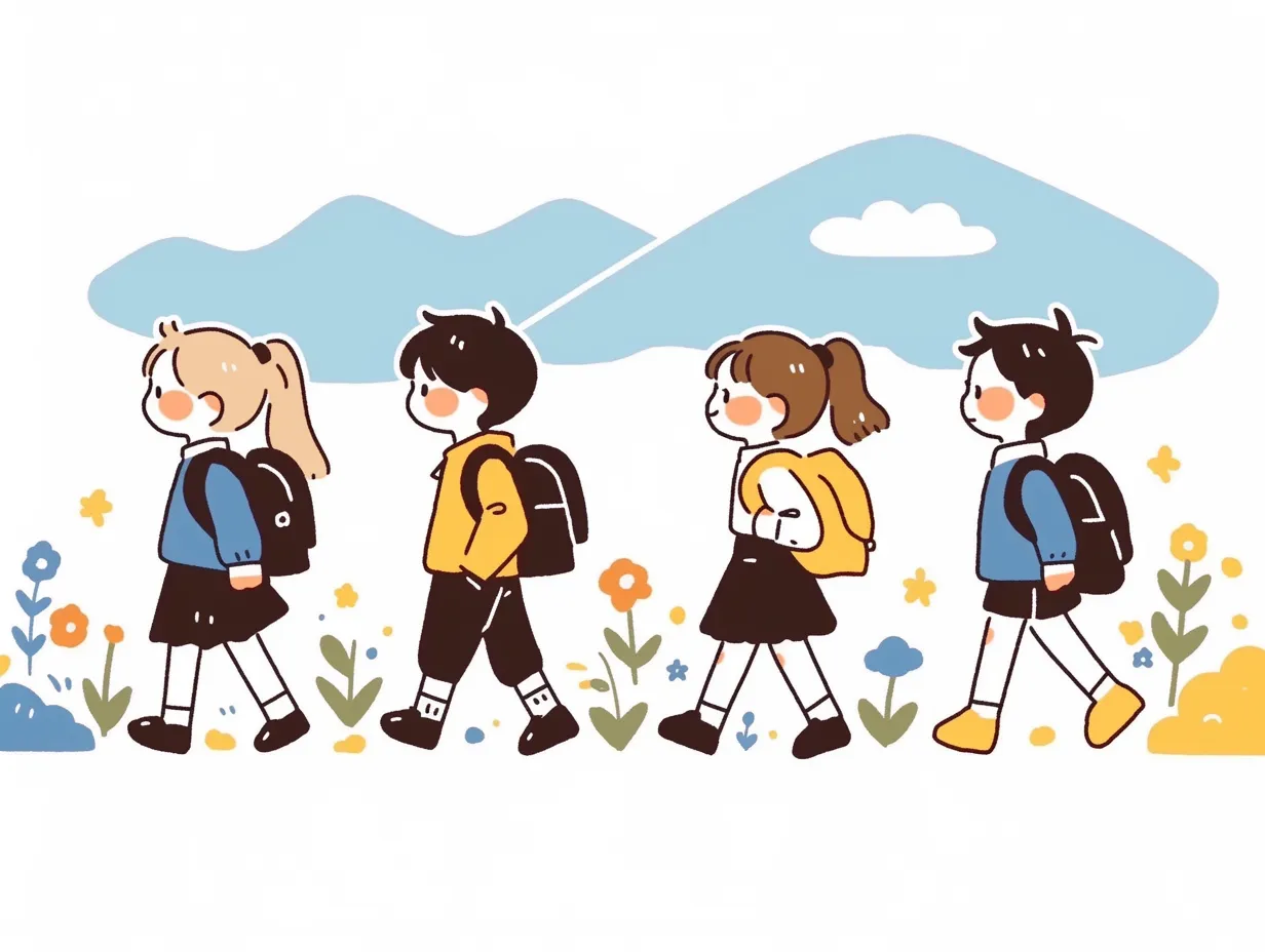 かわいい遠足で自然を歩く子どもたち｜花咲く道を並んで歩く子どもたちを描いたイラストです。ポップで親しみやすい色合いが特徴で、かわいい遠足をテーマにした写真素材として地域イベントや教育用途に活用しやすい表現です。