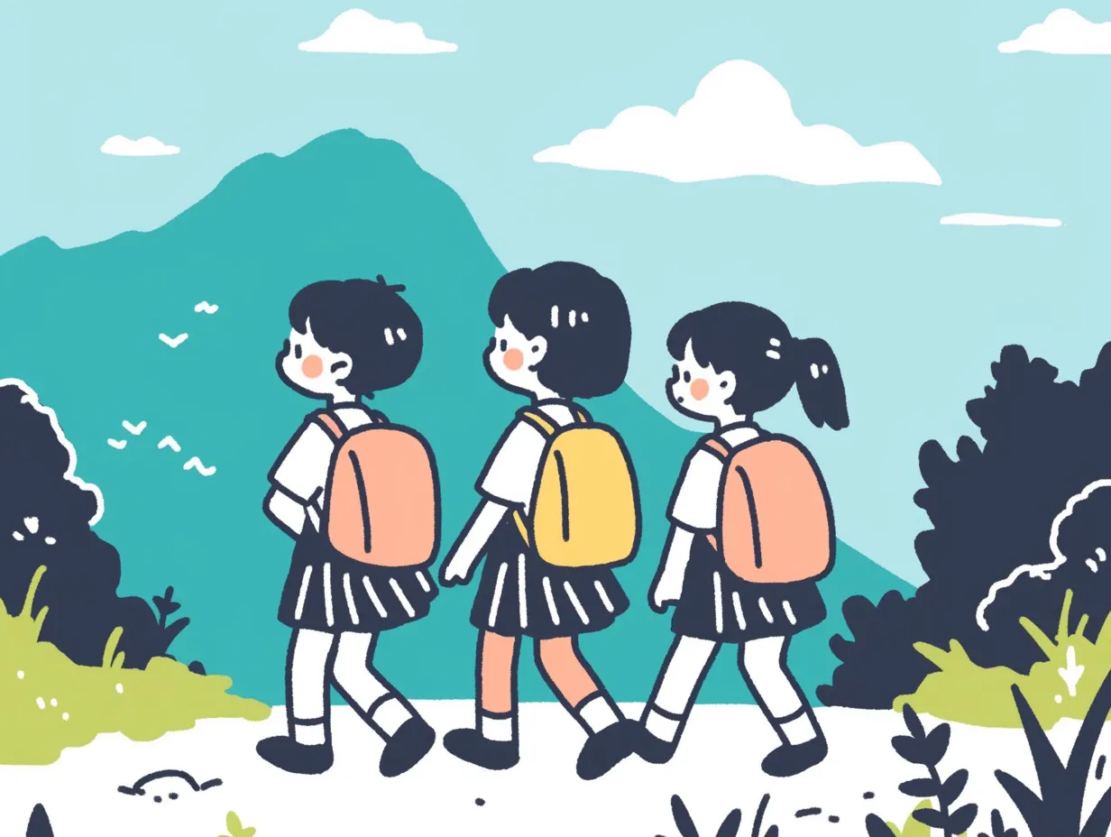 かわいい遠足で山道を歩く子どもたち｜山道を背景にリュックを背負った子どもたちが並んで歩くシーンを描いたイラストです。自然との調和を感じさせ、かわいい遠足をテーマにした写真素材として学習ポスターや告知物に適しています。