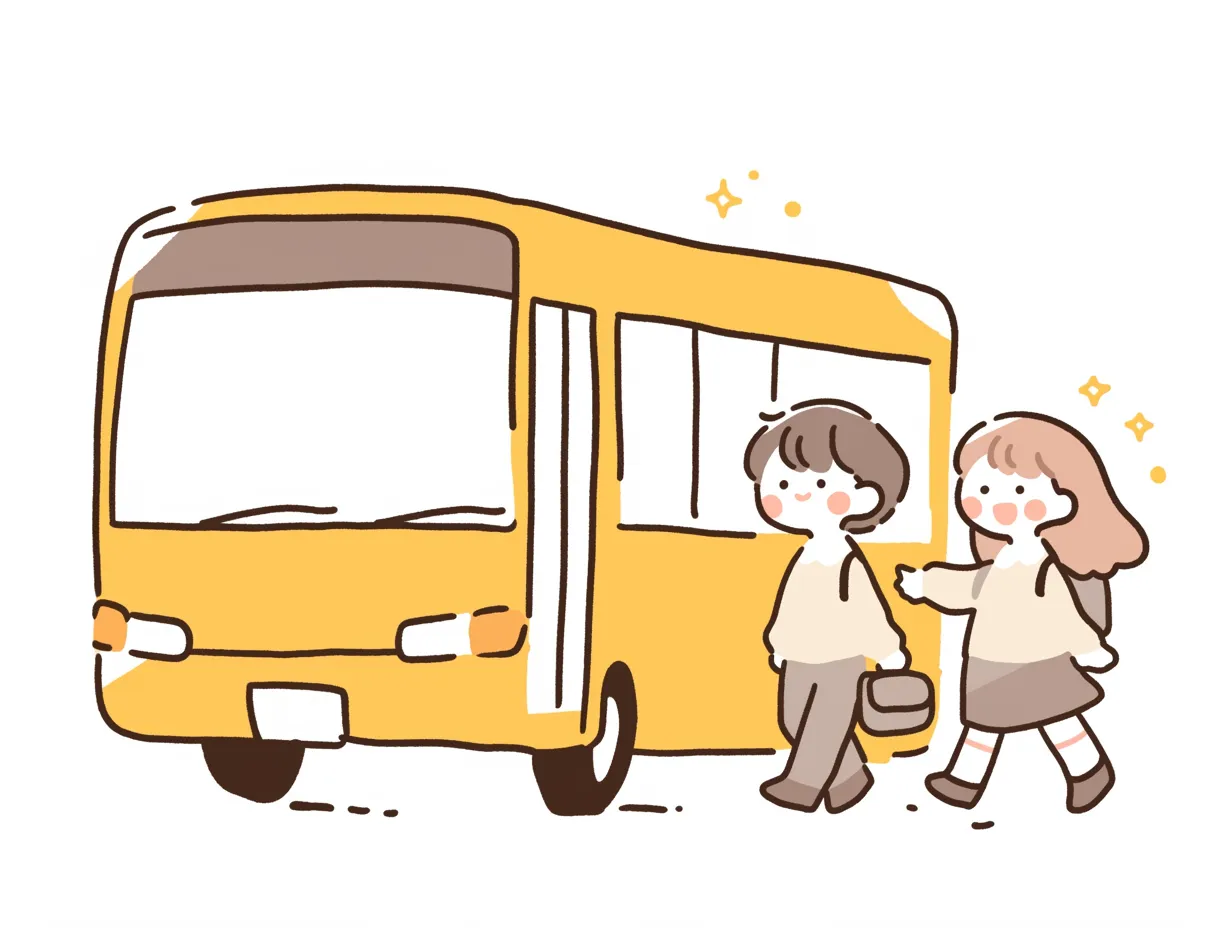 かわいい遠足でバスに乗る子どもたち｜黄色いバスの横に立つ子どもたちを描いたイラストです。シンプルな表現で移動の場面をわかりやすく描写し、かわいい遠足をテーマにした写真素材としてパンフレットや案内資料に有用です。