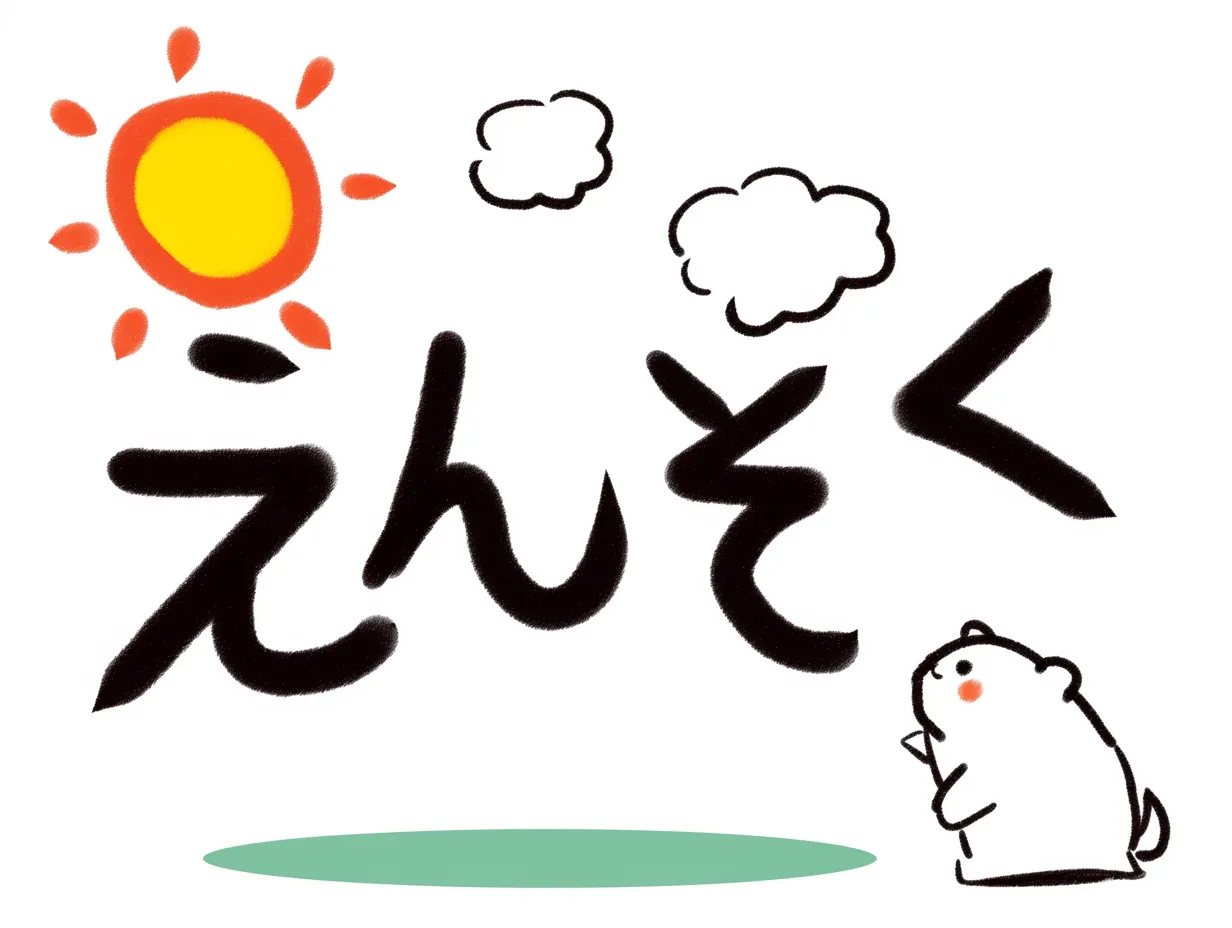 手書き遠足の太陽とくまのイラスト｜丸みを帯びたタッチで描かれた太陽と雲の下に、くまのキャラクターが添えられたデザインです。ゆるやかな筆致が印象的で、素朴さと温かさを兼ね備えています。手書き遠足のシーンをやさしく表現しており、子ども向けの広報やポスターに適しています。