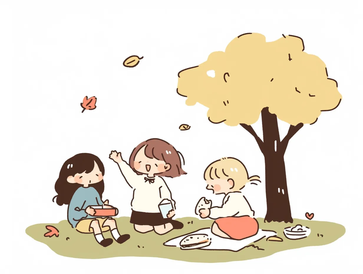 秋の遠足を楽しむ子供たち｜やわらかなタッチで描かれた子供たちが木の下でお弁当を広げる様子が表現されています。温かみのある色彩と柔らかな線が特徴で、秋の遠足の親しみやすい雰囲気を伝えるビジネス写真素材として活用できます。