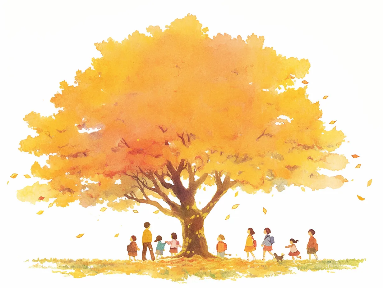 秋の遠足と大きな木｜水彩タッチで描かれた大きな木と子供たちが印象的で、柔らかいグラデーションが広がりを感じさせます。のびやかな雰囲気を持ち、秋の遠足の自然とのつながりを表現する素材に活用可能です。
