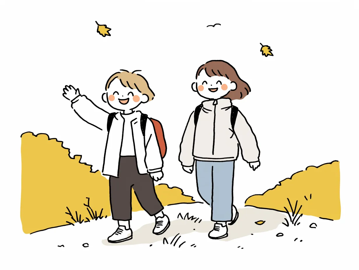 秋の遠足で歩く二人の子供｜明快な線とシンプルな配色で、リュックを背負った二人の子供が歩く姿が描かれています。清潔感のあるデザインで、秋の遠足をイメージした学習資料や広告に適した素材です。