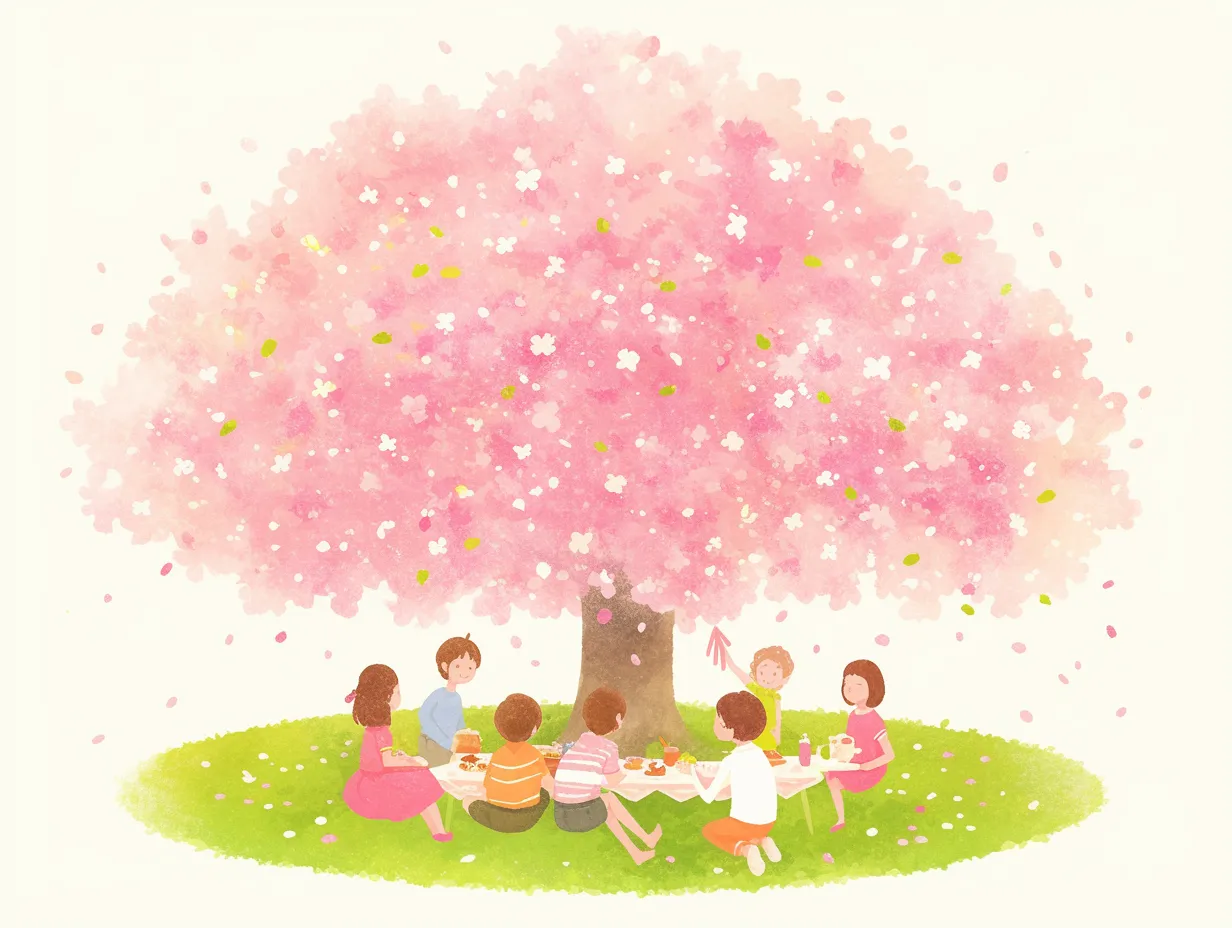 春の遠足で桜の木の下のお弁当｜大きな桜の木の下で子供たちがシートを広げお弁当を囲む様子が描かれています。水彩風の繊細なタッチと桜の花びらの舞いが印象的で、春の遠足の華やかさを伝える写真素材として効果的です。