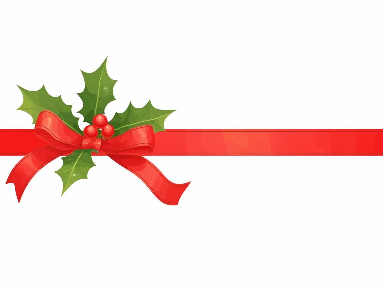 横長デザインのクリスマスリボン｜長く伸びた帯状のリボンに装飾を加え、バナー的に使いやすい構成です。クリスマスリボンを題材にしながら情報枠として活用可能で、見出しや告知素材に最適なビジネス向けデザインです。