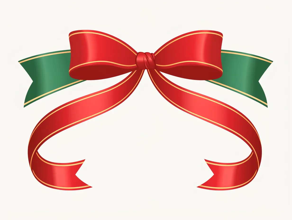赤と緑のクリスマスリボン｜クリスマスらしい配色を採用し、金縁で高級感を演出しています。クリスマスリボンの鮮やかな色彩が目を引き、広告や販促物に使いやすいデザインです。